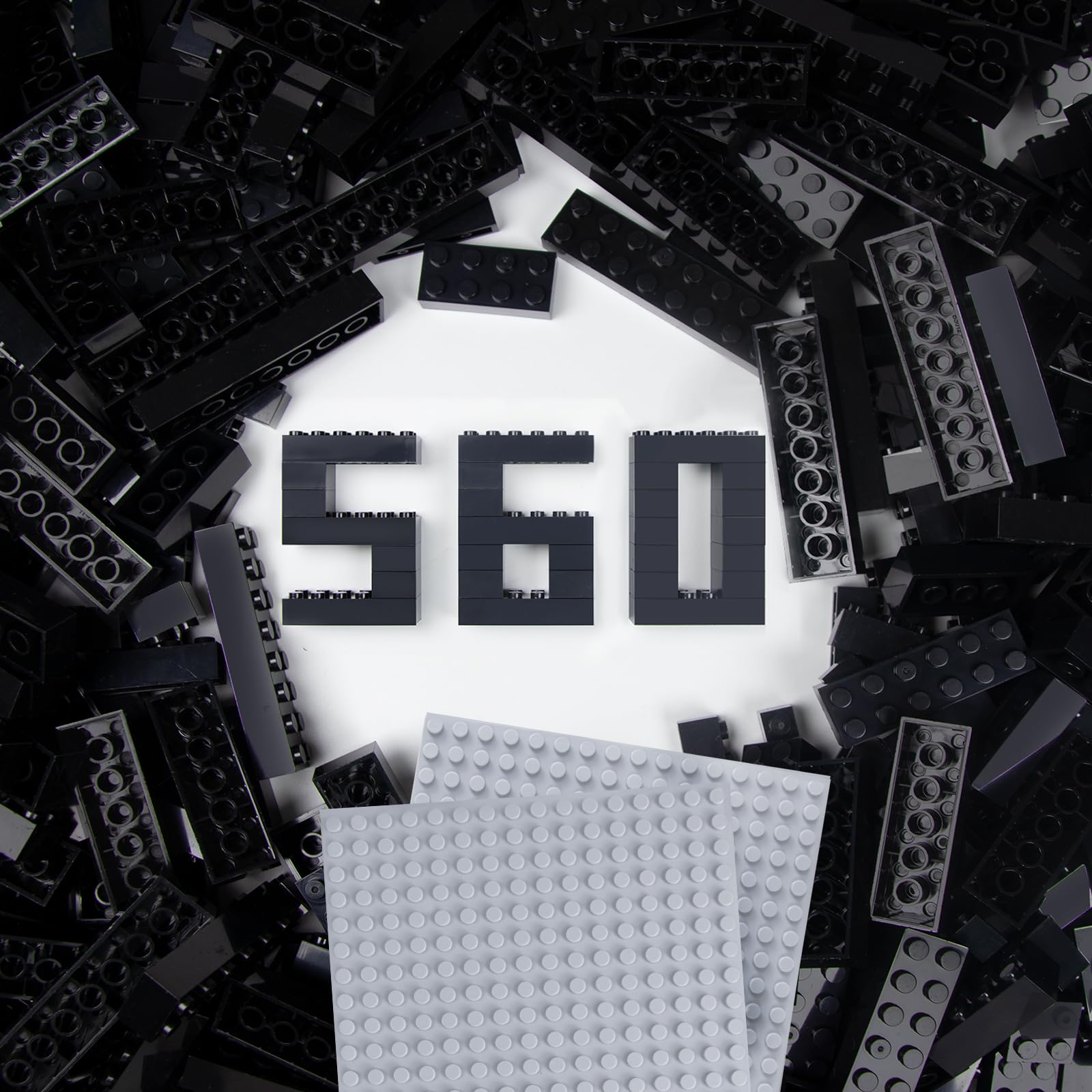 Cabeeskii 560 Classic Bausteine Set, Schwarz Bulk Steine in 7 Maße, Klassische Bausteine Nachfüllpacks, kompatibel mit Allen führenden Marken, Bunt Basic Bricks, für Kinder & MOC-Liebhaber