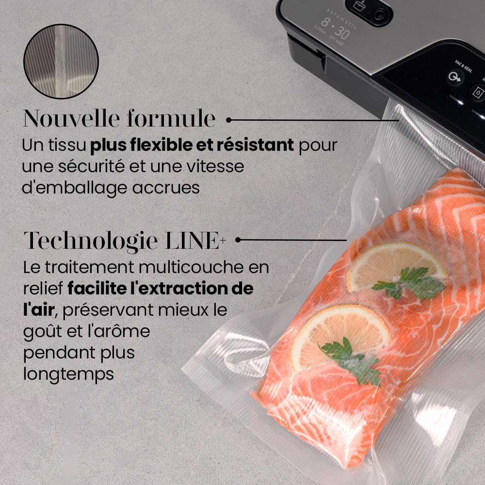 Lot de 100 sacs sous vide alimentaire avec technologie Line + | Nouvelle formule, système rayé, multicouche, sans BPA, fabrication espagnole 30 x 50 cm