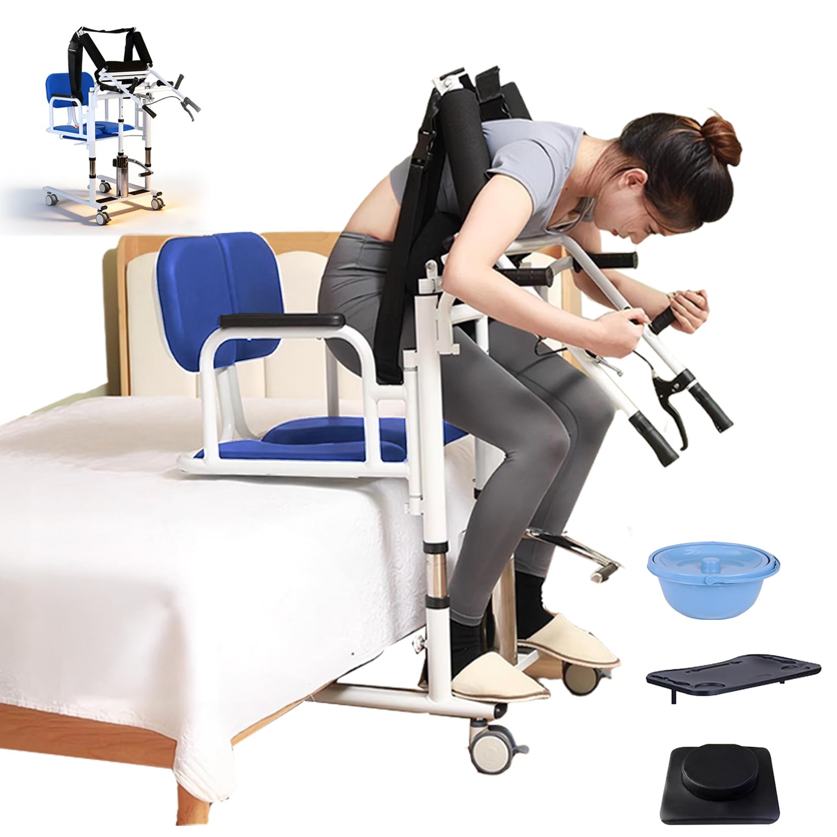 Patientenlifter Transferstuhl, 5-in-1 Hydraulischer Patientenlift-Rollstuhl mit 180° Geteiltem Sitz Tischplatte, Höhenverstellbarer Toiletten- und Duschstuhl für Senioren Zuhause,Blau