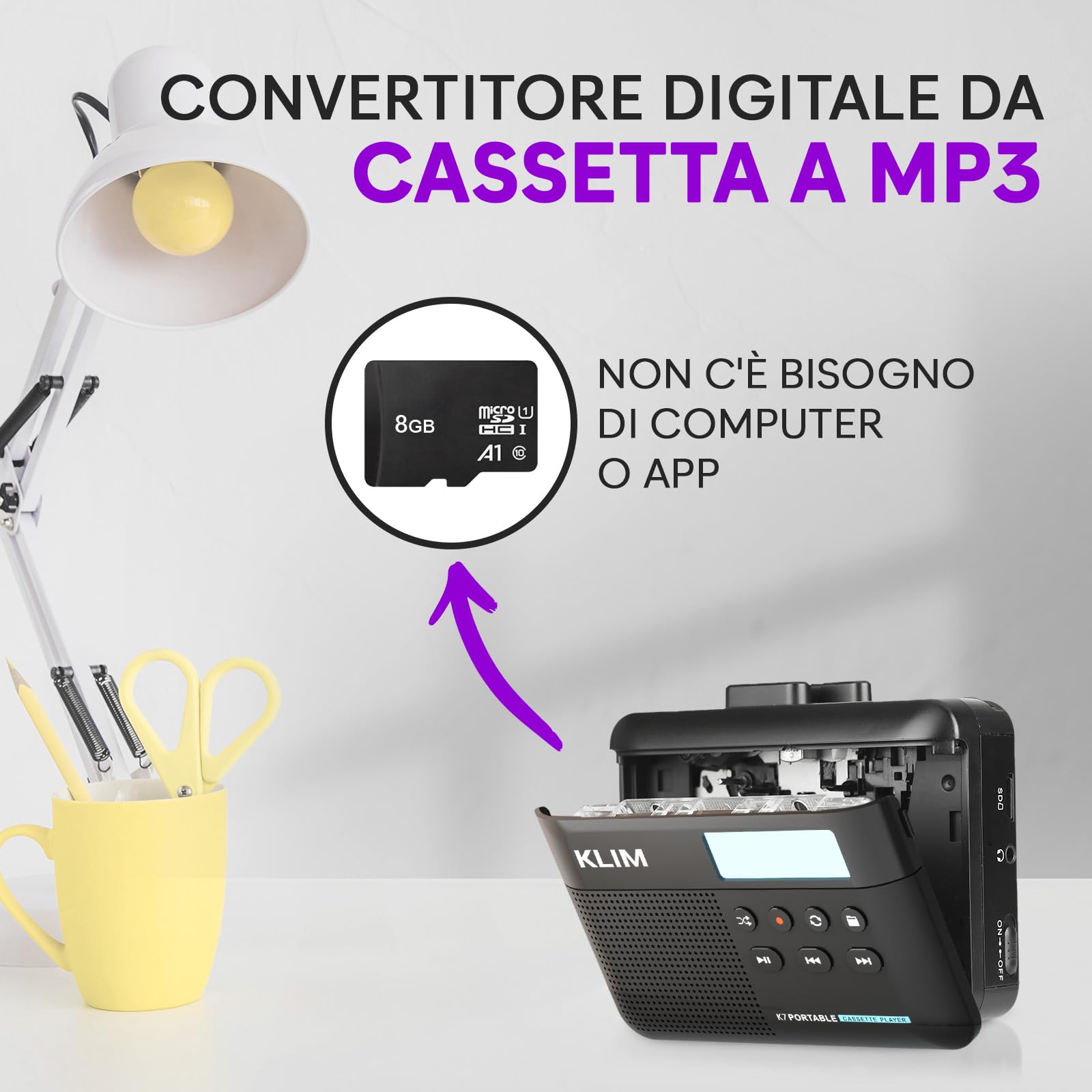 K7 Cassette Player MP3 Convertitore Lettore Audio Portatile con Microfono Altoparlante Batteria Ricaricabile Auricolari Scheda SD 8 GB Nero