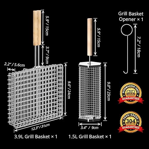 Miniatura 2 de Juego de cestas para parrilla, mango de madera extraíble, acero inoxidable 304, herramientas de barbacoa rodantes, accesorios para asar ahumadores