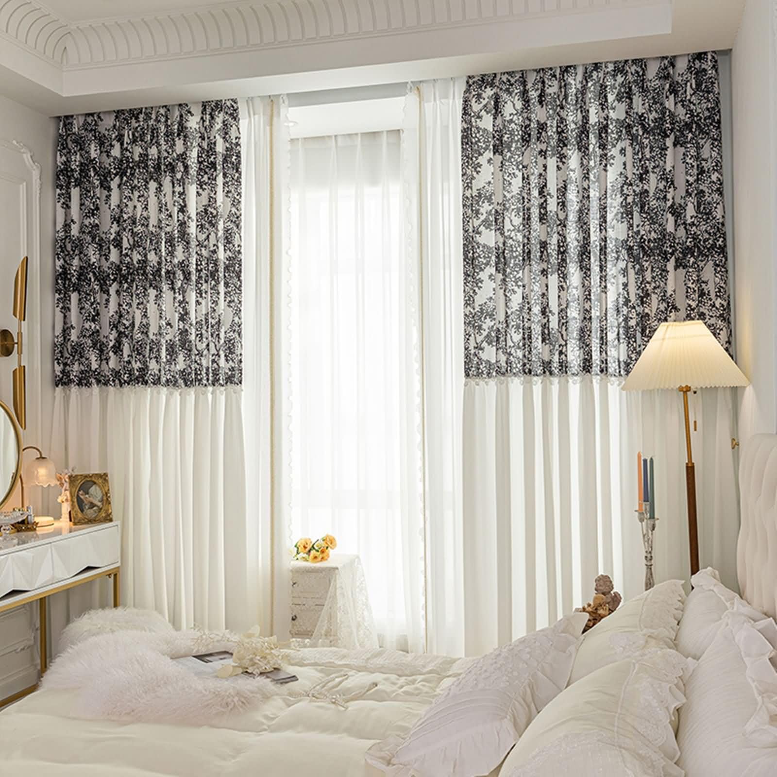 Daesar Rideaux Transparents Salon Lot de 2 Noir, Voilage Rideau à Oeillets Branches d'arbre Épissage Voilage Rideaux de Fenêtre pour Chambre, Noir 102x183CM