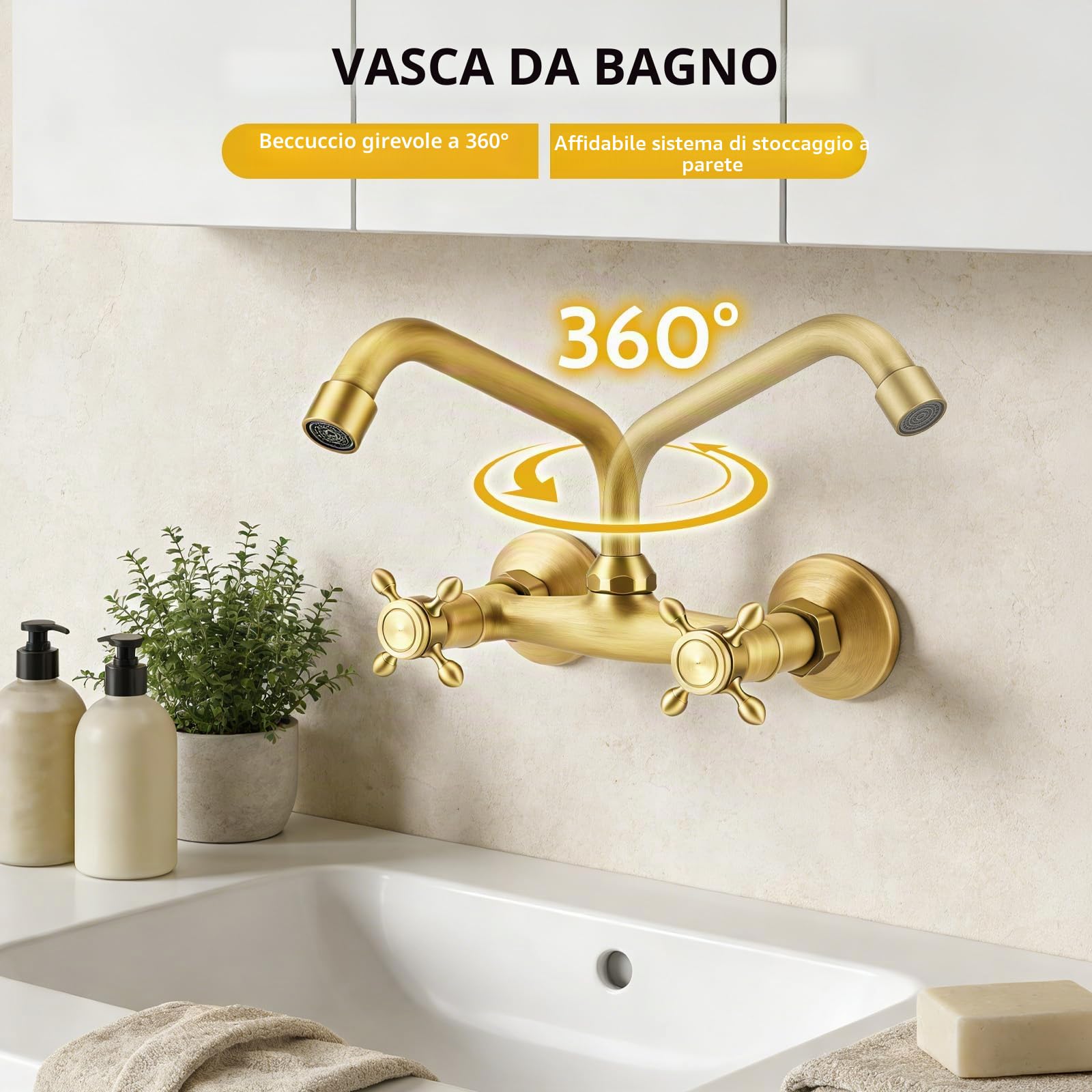 Rubinetto Cucina a Muro in Ottone Antico, Miscelatore Cucina Vintage con Bocca Girevole 360°, Doppia Manopola Acqua Calda e Fredda, Rubinetto Lavello a Parete per Bagno Cucina Lavanderia