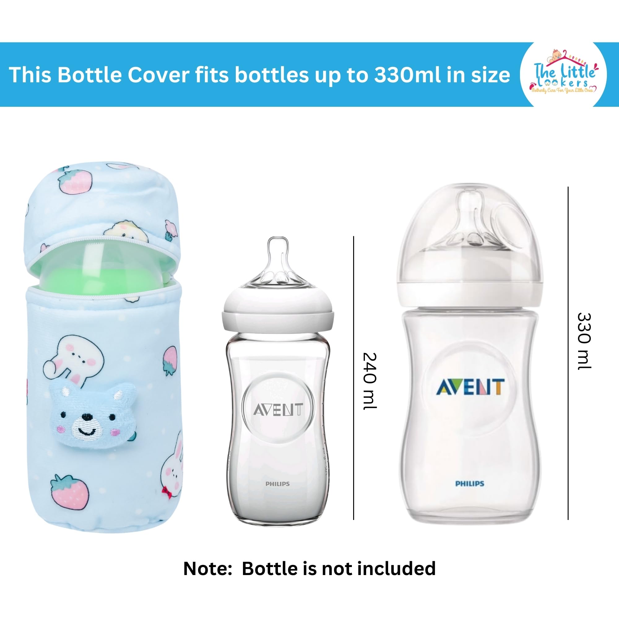 THE LITTLE LOOKERS Soft Plush Stretchable Baby Feeding Bottle Cover with Easy to Hold Strap (Zip Closure 330ml/11oz, Pink & Blue) - Image 4 thumbnail