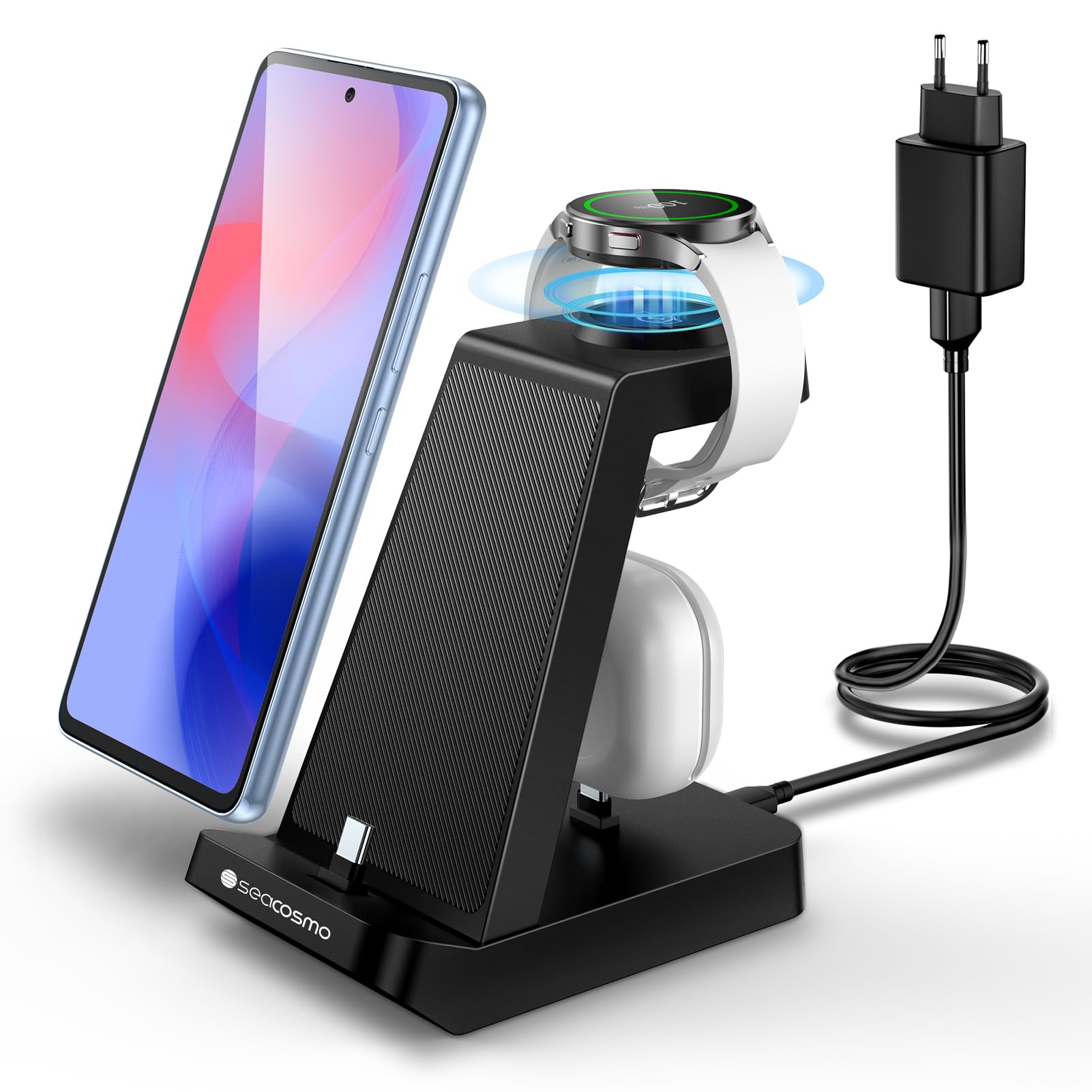 seacosmo 3 en 1 Station Recharge pour Samsung, Chargeur pour A16/A15/A05S/A25/S24 Série, Chargeur sans Fil pour Galaxy Watch 7/6/5 Pro, Support Charge pour Galaxy Buds et Appareils avec Prises Type-C