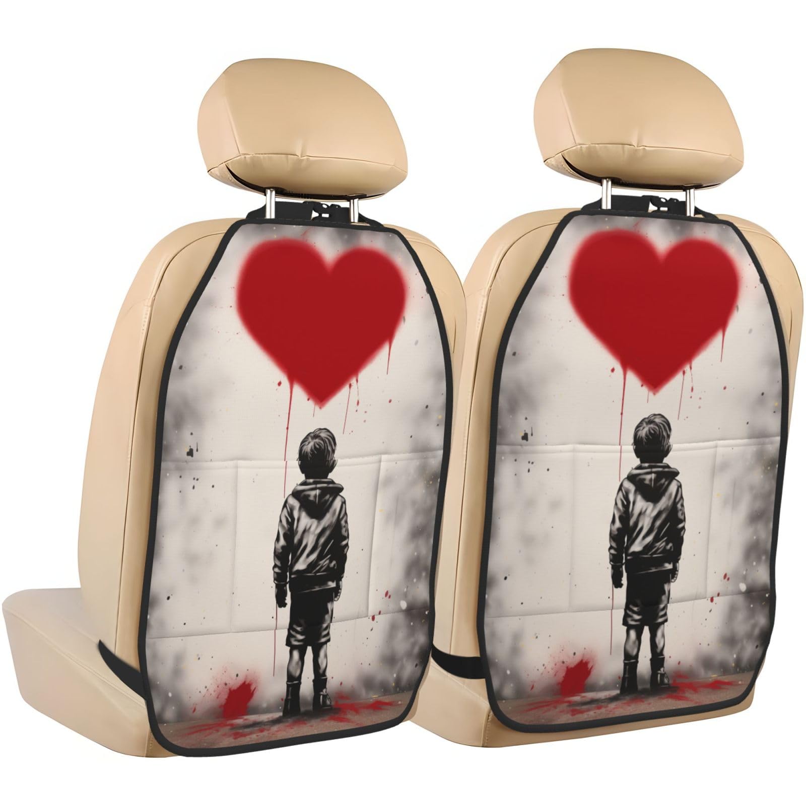Boy Red Heart Graffiti Street Art Car Seat Back Kick Protectors,2 Pack Kick Mats with Storage Pockets for Vehicles to Protect from Dirt Mud Scratches