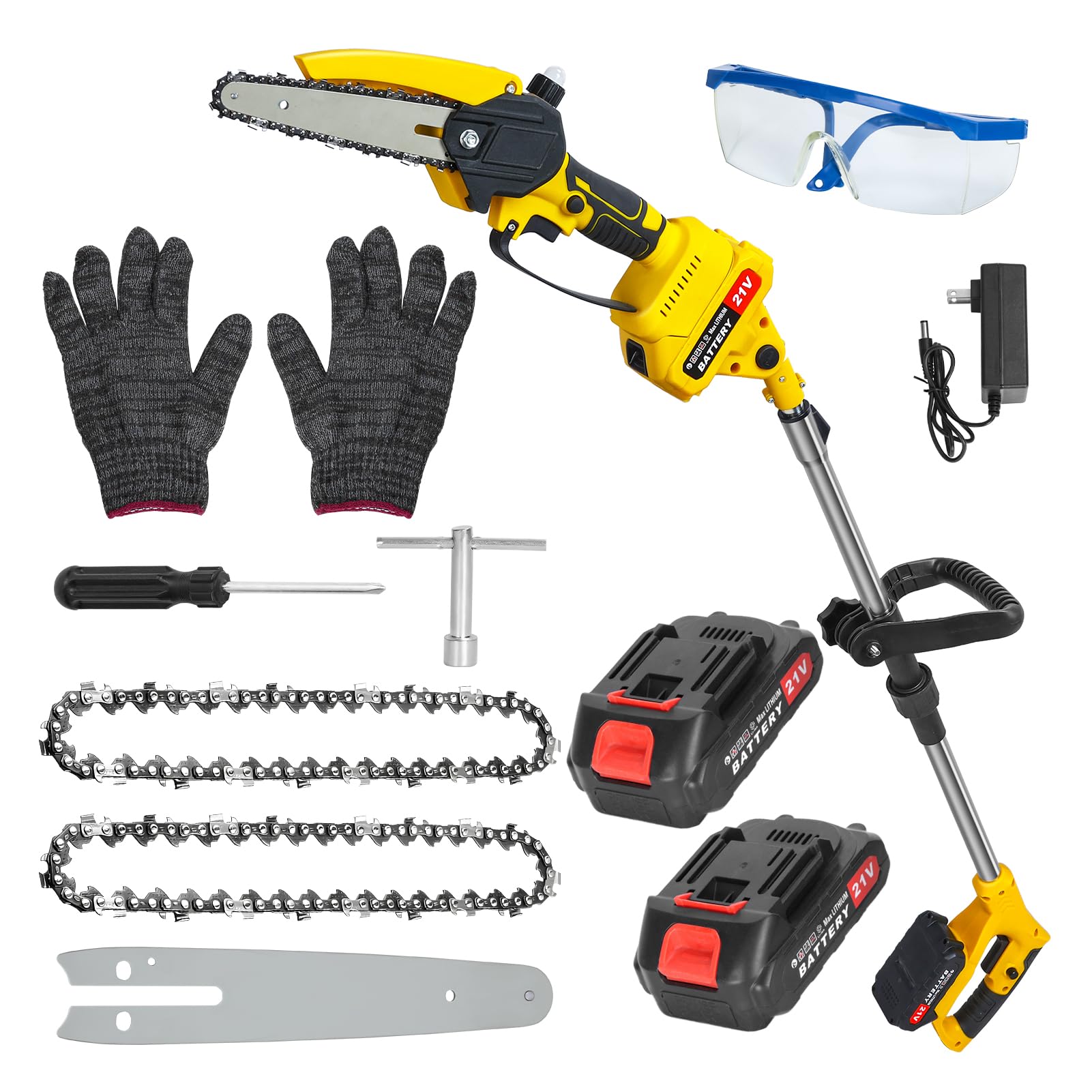 Nylvane Yellow 2-In-1 Mini Chainsaw And Electric Pole Saw, Brushless Cordless Tree Trimmer With Extension Pole For Pruning And Wood Cutting