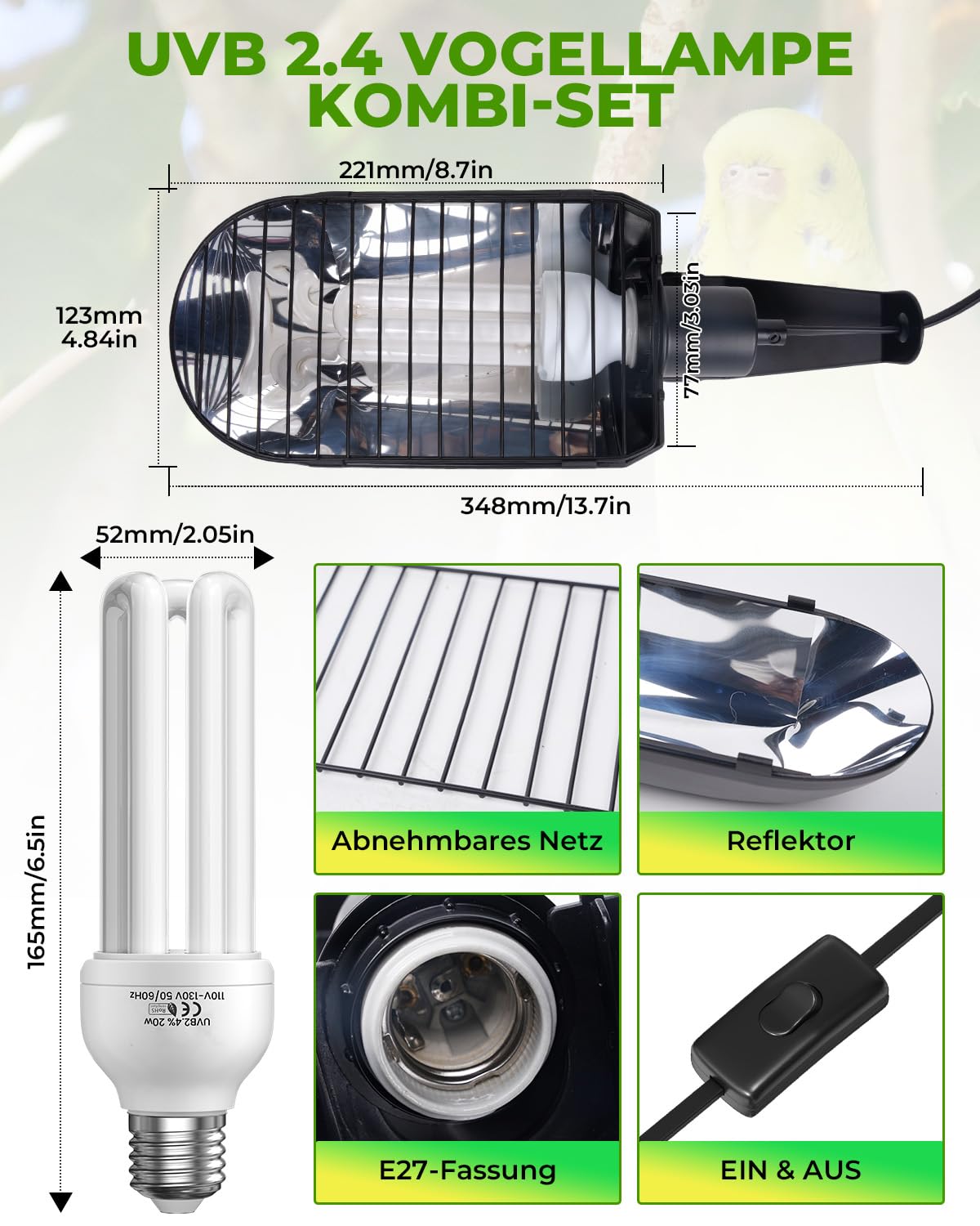 GlowUp UVB 2.4 Vogellampe Kombi-Set, tiefe U-förmige Lampenfassung mit 20W UVB Vogellampe E27 für Vögel
