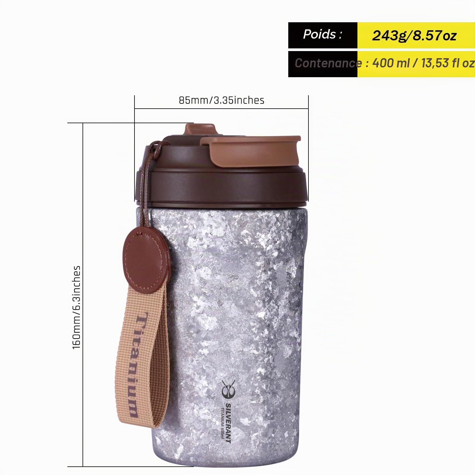SILVERANT Tasse à café isotherme en titane avec paille, tasse à double paroi réutilisable et anti-fuite, garde les liquides chauds ou froids pour une utilisation en intérieur et en extérieur，Argent