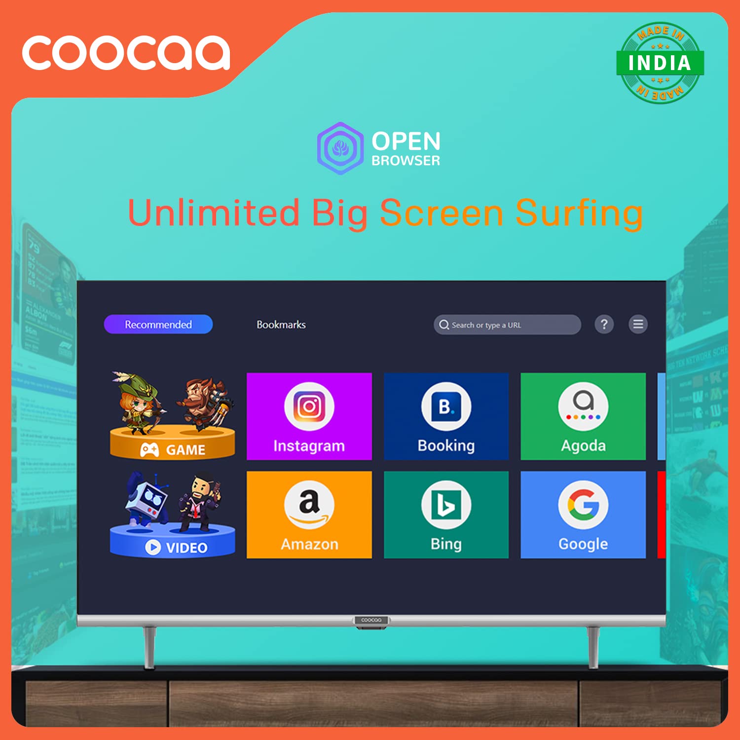 Coocaa TV screen showing the Open Browser interface with various popular website icons.
