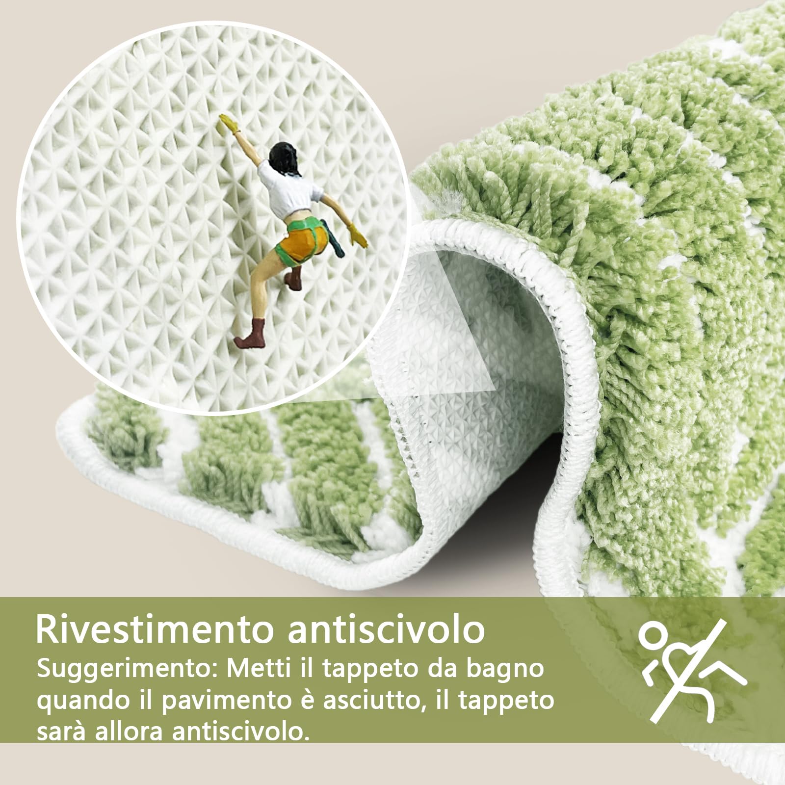 Tappeto da Bagno Verde Salvia Antiscivolo e Assorbente 60x150cm