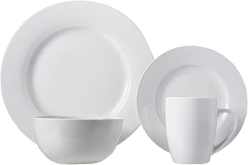 Amazon Basics 16-Piece Porcelain Dinnerware Set, Microwave and Dishwasher Safe, Service for 4, Plates, Bowls and Mugs, White