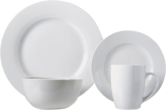 Amazon Basics 16-Piece Porcelain Dinnerware Set, Microwave and Dishwasher Safe, Service for 4, Plates, Bowls and Mugs, White