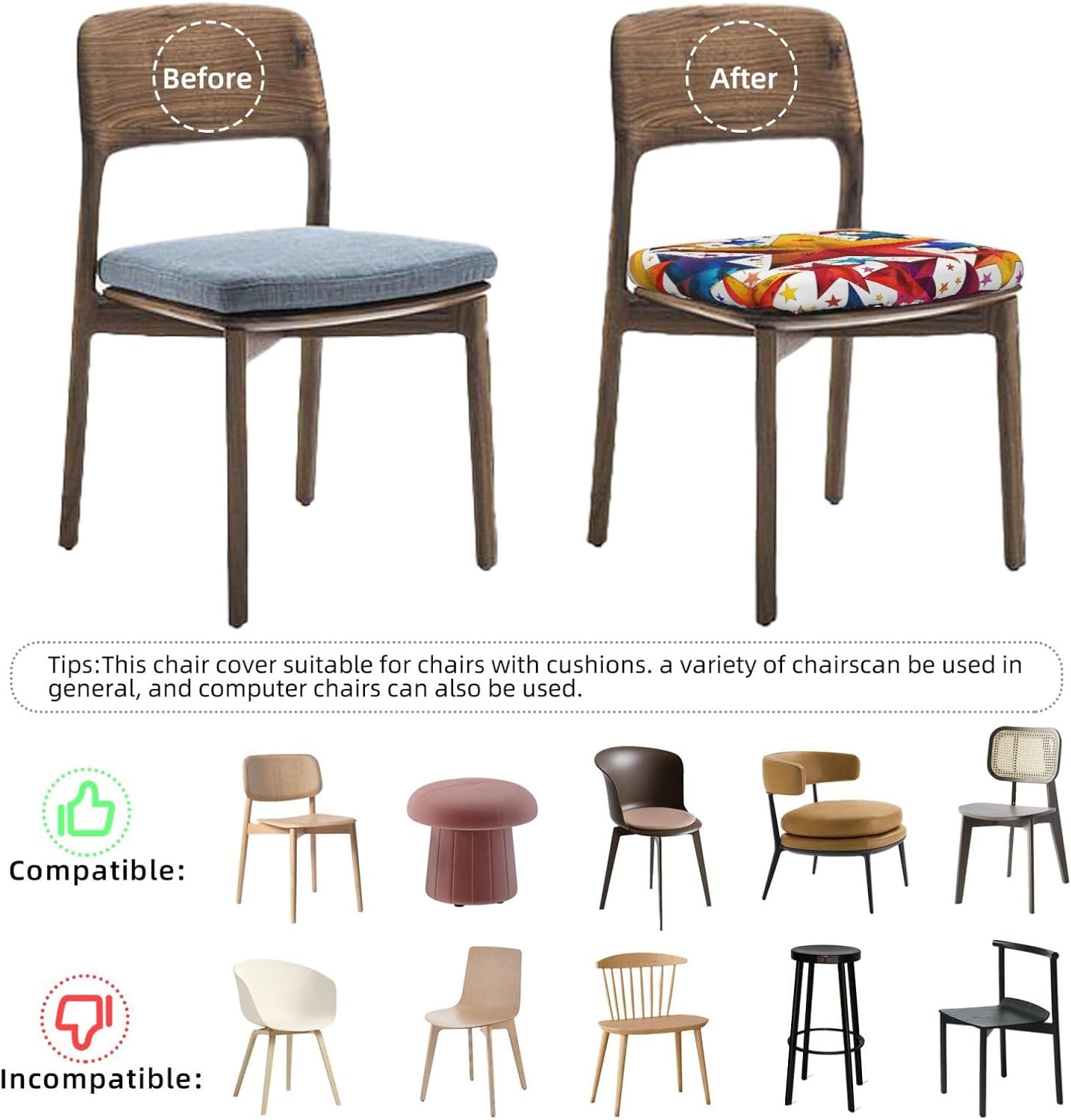 Colorful Star Print Square Cushion Covers 6 Pcs Set Elastic Non-Slip Seat Cushion Slipcovers Pet Furniture Protectors for Chair, Sofa