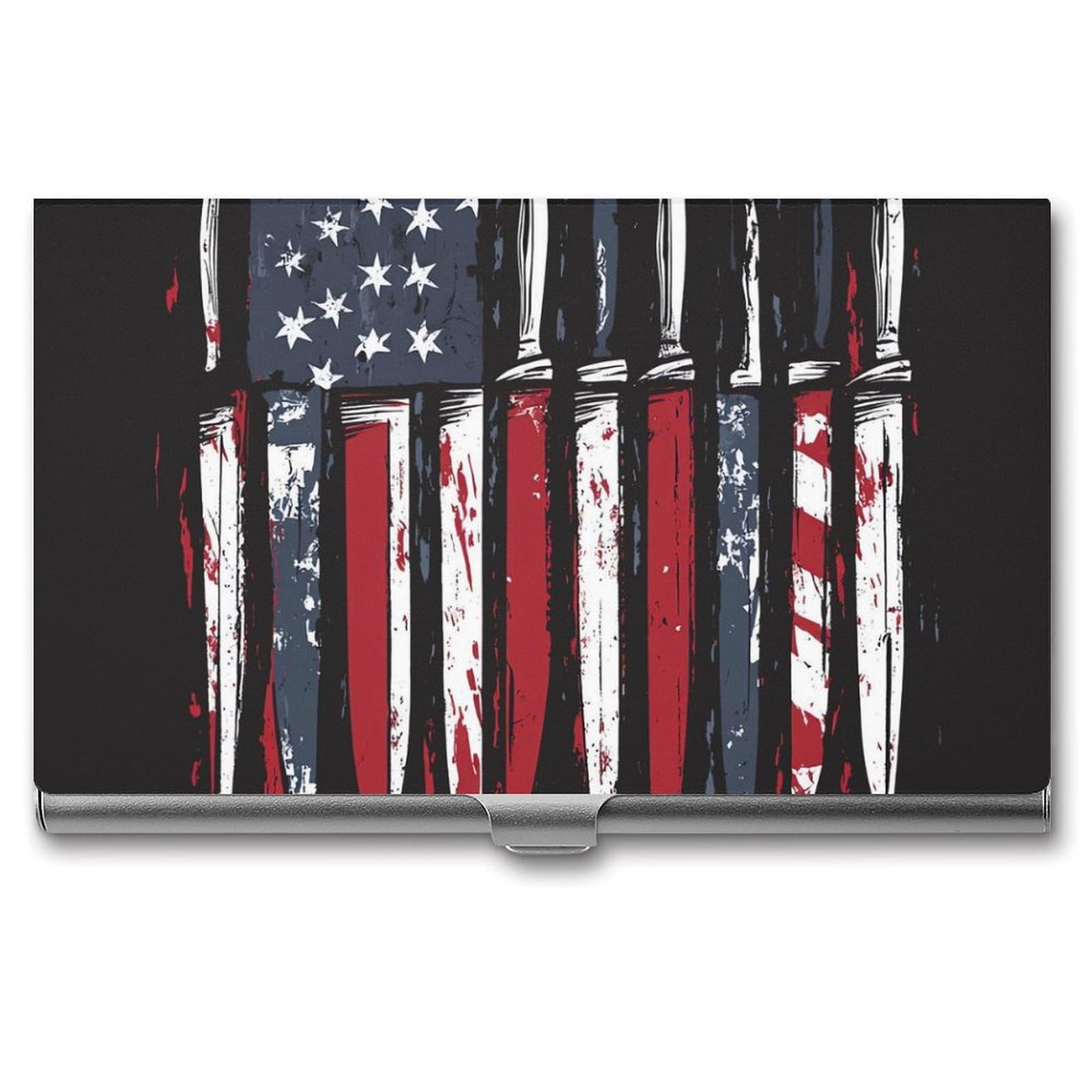 United States Flag Cooking Knives Slim Business Card Holder Wallet for Men & Women Pocket Metal Case 3.7x2.2x0.3 Inches