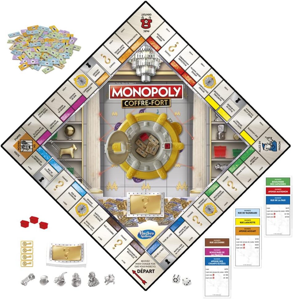 Monopoly Safe game components laid out on the board, including money, cards, tokens, and the safe.