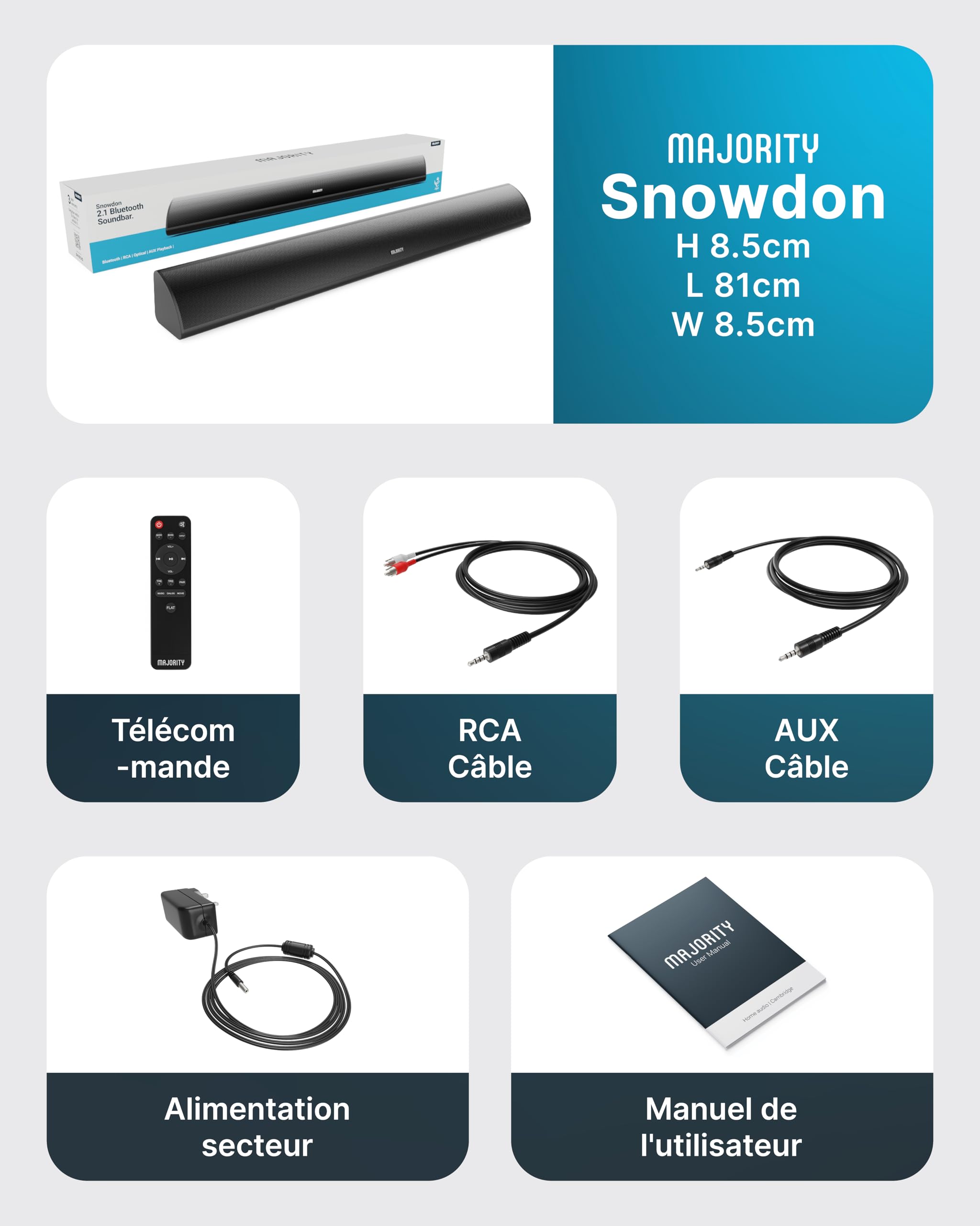 Majority Snowdon 120W Barre de Son TV Bluetooth | Enceinte TV Home Cinema 2.1 | Barres de Son avec RCA, Optique et AUX | Caisson de Basse Intégré | Montage Mural