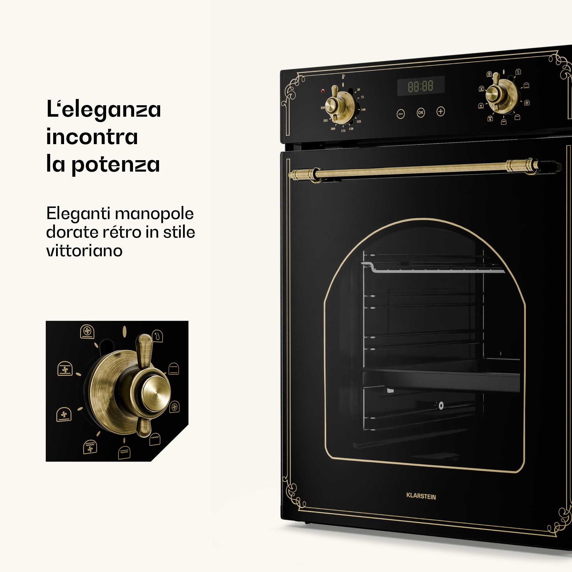 Klarstein Elizabeth Slim - Forno da Incasso, 49L, 9 Funzioni, Pulizia a Vapore, Timer Digitale, Forno Elettrico Ventilato, Sportello Rimovibile, Classe Energetica A, Design Nero, 45cm