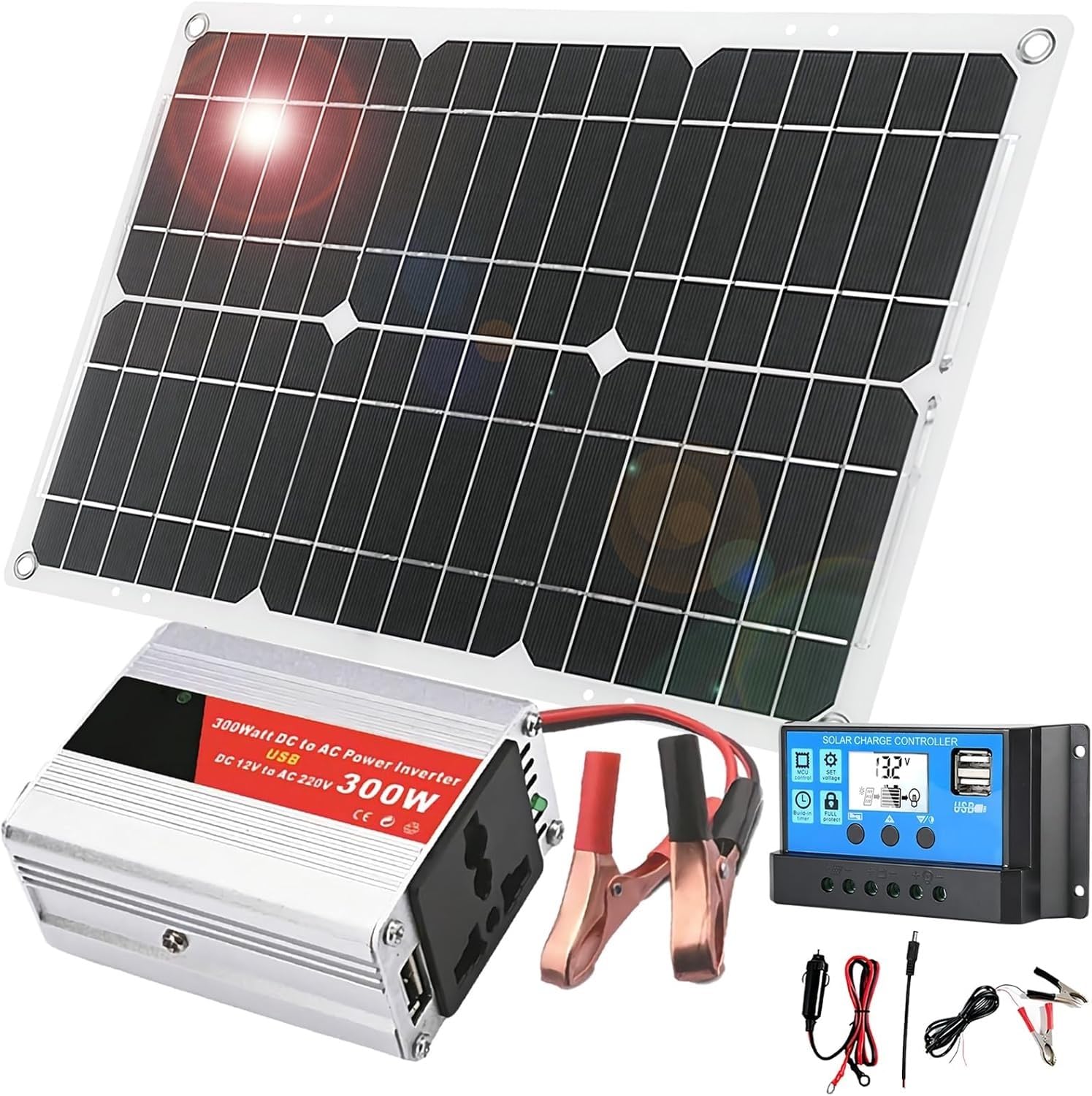 Kit inverter solare da 300 W con regolatore di carica da 30 A, doppie porte e display LED for camper, casa e capannoni.