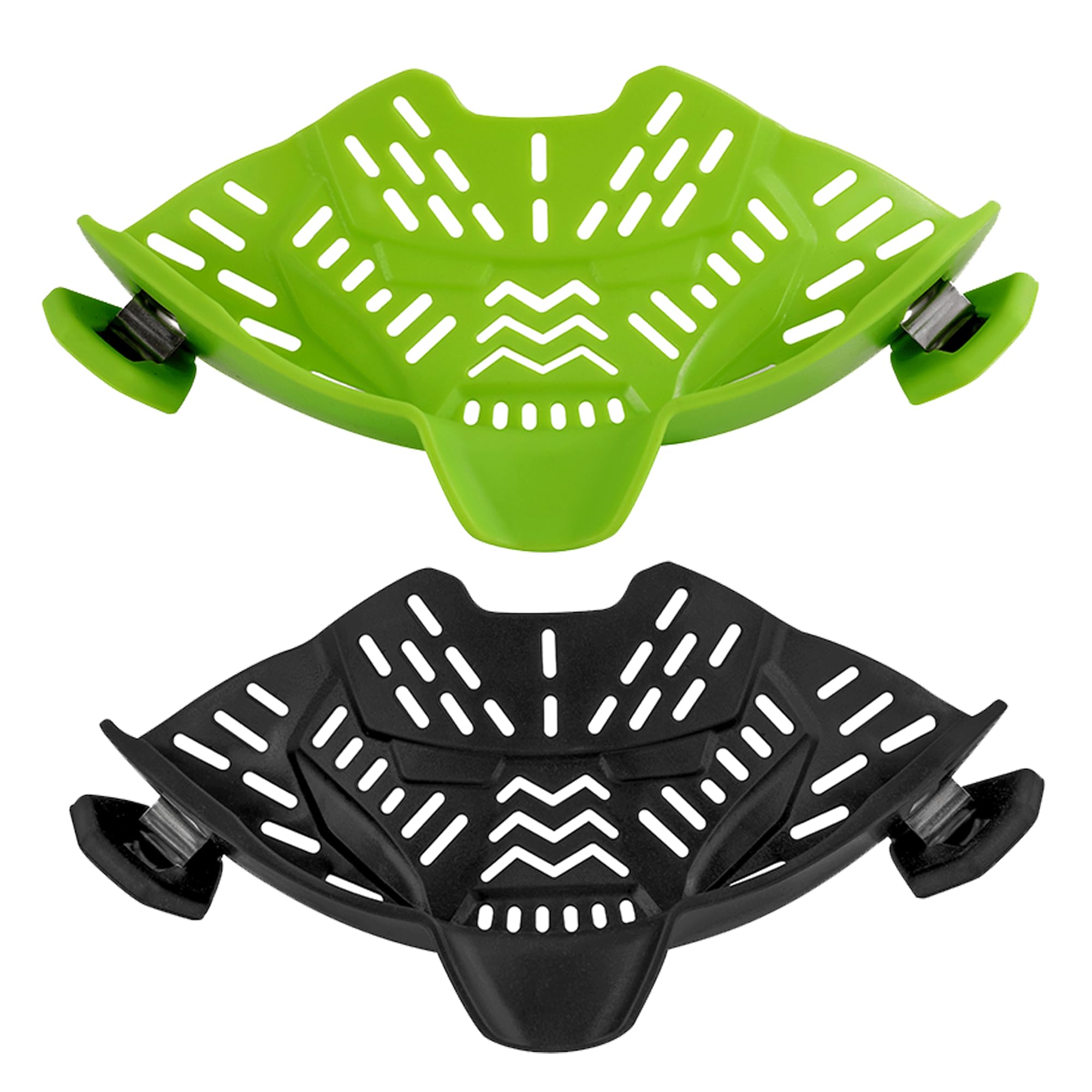 ASMEFY 2 Pcs Clip On Food Strainer, Silicone Strainer for Pasta Meat Vegetables Fruit, Colander for Pots, Pans, Bowl(Black,Green), Large