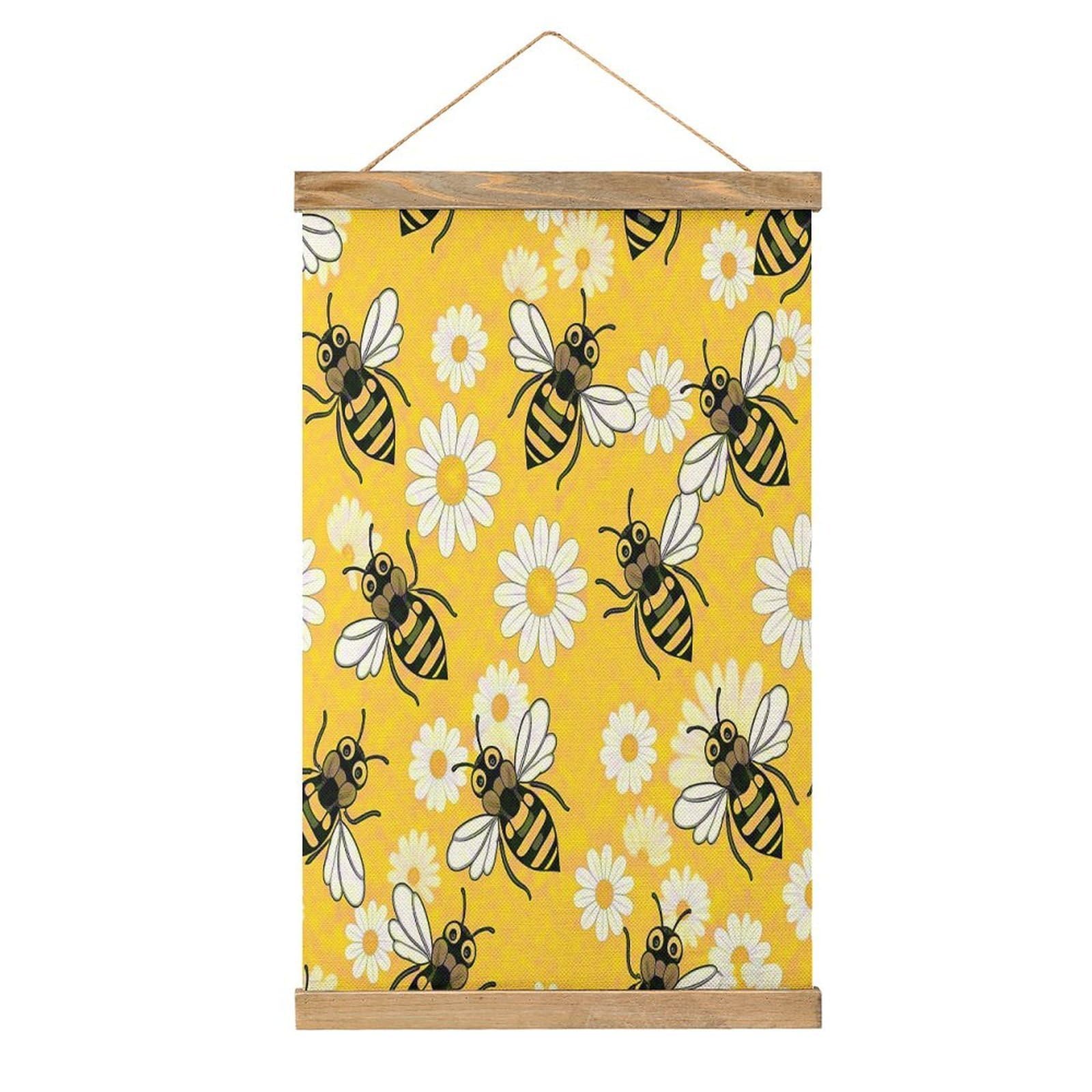 VstaDank Bee Daisy Pattern Hanging Poster with Wooden Frame Modern Linen Hanging Painting Retro Style Wall Decor Art Painting for Living Room,Bedroom Decor Poster Frame 20.4x13.1inch