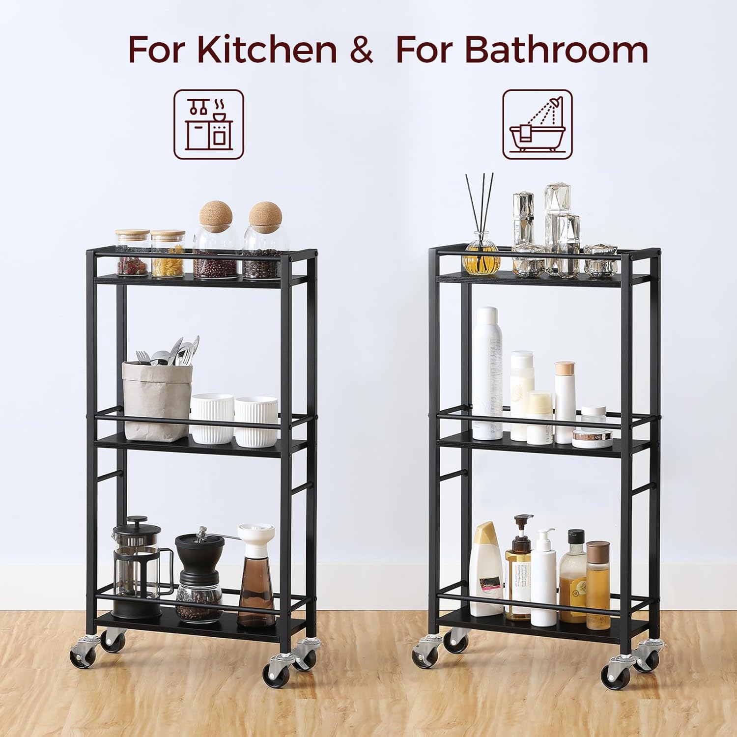 MAHANCRIS Slim Rolling Cart, Mobile Kitchen Cart on Wheels, Narrow Storage Cart for Small Space, Wooden Service Cart, for Bathroom, Laundry, Living Room, Black RCHB1501