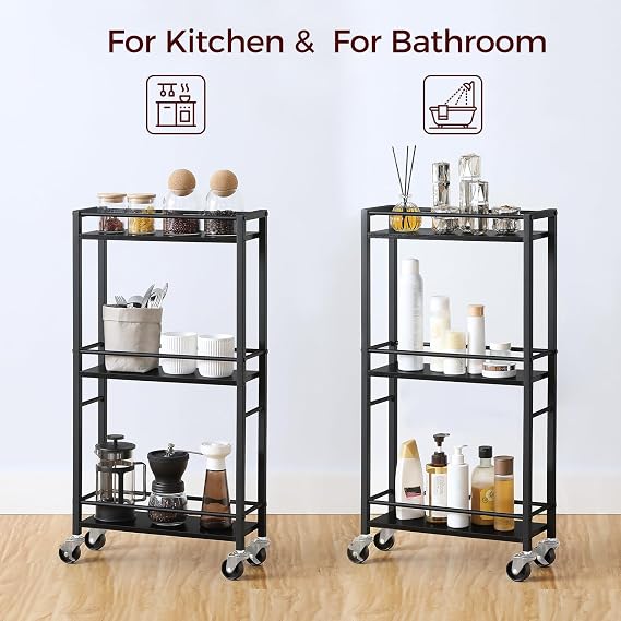 MAHANCRIS Slim Rolling Cart, Mobile Kitchen Cart on Wheels, Narrow Storage Cart for Small Space, Small Bar Cart, for Bathroom, Laundry, Living Room, Black RCHB1501