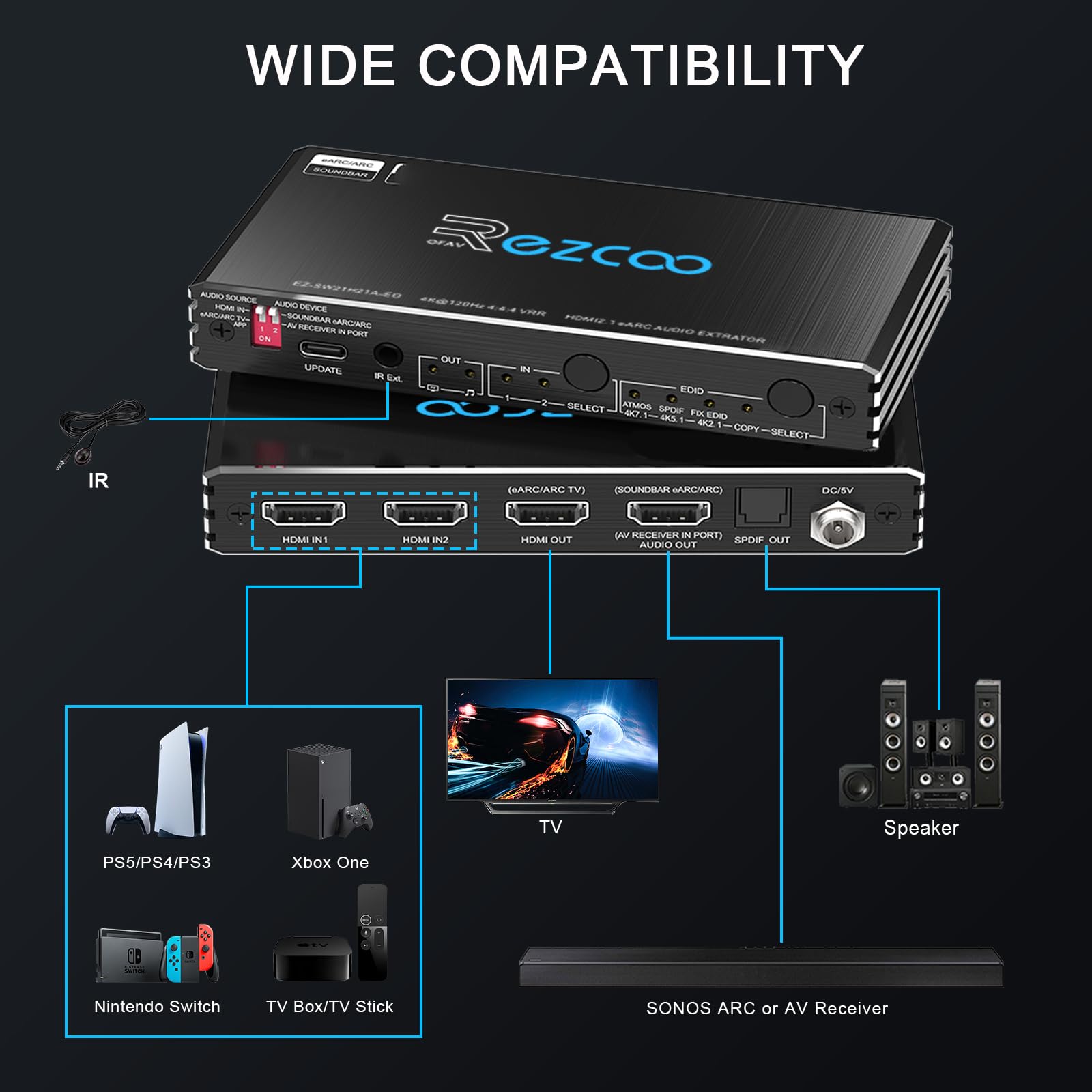 8K@60Hz 4K@120Hz HDMI 2.1 eARC Audio Extractor 2 in 1 Out HDMI Switch eARC 7.1Ch,ARC SPDIF 5.1Ch,VRR, ALLM, HDCP 2.3, HDR10, CEC Compatible with PS5, Xbox, AMD IR Remote Control EDID Management