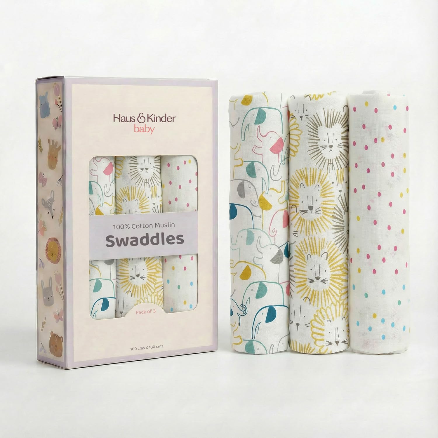 100% Cotton Muslin Baby Swaddle Wraps | Pack of 3 Extra Large 100×100 cm | Soft, Breathable Newborn Swaddles for 0–6 Months | Jungle Collection | Multi-Use Blanket