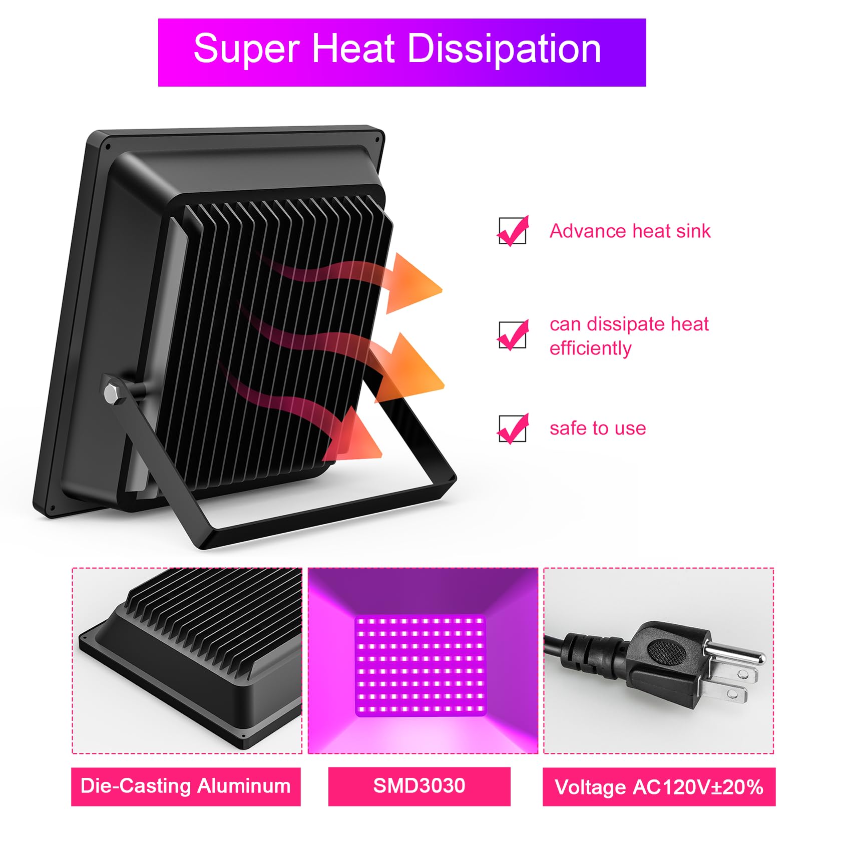 LED Black Light with Glow Tapes, 410nm UV Flood Lights with 10ft Cable & Plug, IP66 Waterproof, for Halloween Glow Party, Stage, Aquarium, Body Paint, Fluorescent Poster, 120V: 150W