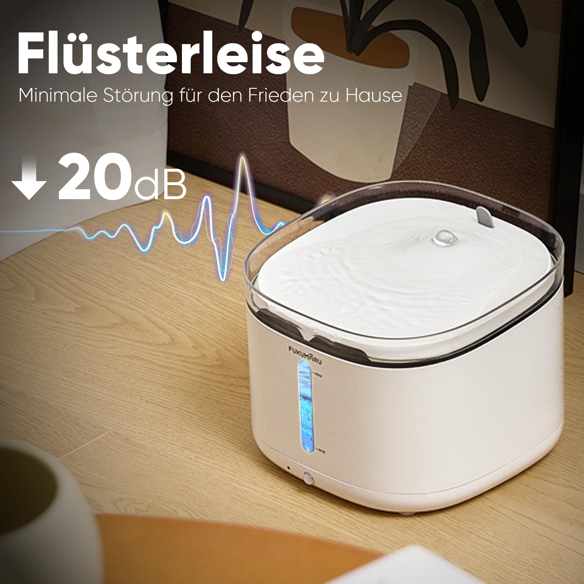 FUKUMARU 2L Trinkbrunnen für Katze Kabellos, Katzenbrunnen Kabellos mit Bewegungsmelder, Batteriebetrieben Katzentrinkbrunnen, 5000mAh, Leise Wasserpumpe, Wasser-Energie-Trennung, weiß