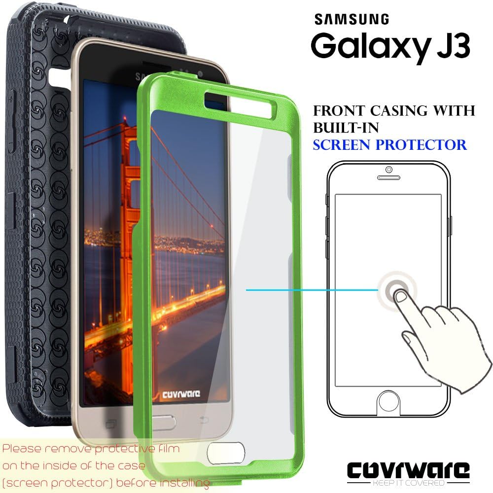 COVRWARE Aegis Series Compatible with Galaxy J3 (2016)/ J3 V/Sky/Sol/ j36/ j36V/Amp Prime/Express Prime Full-Body Holster Armor Case with Built-in Screen Protector, Belt-Clip, Kickstand, Green