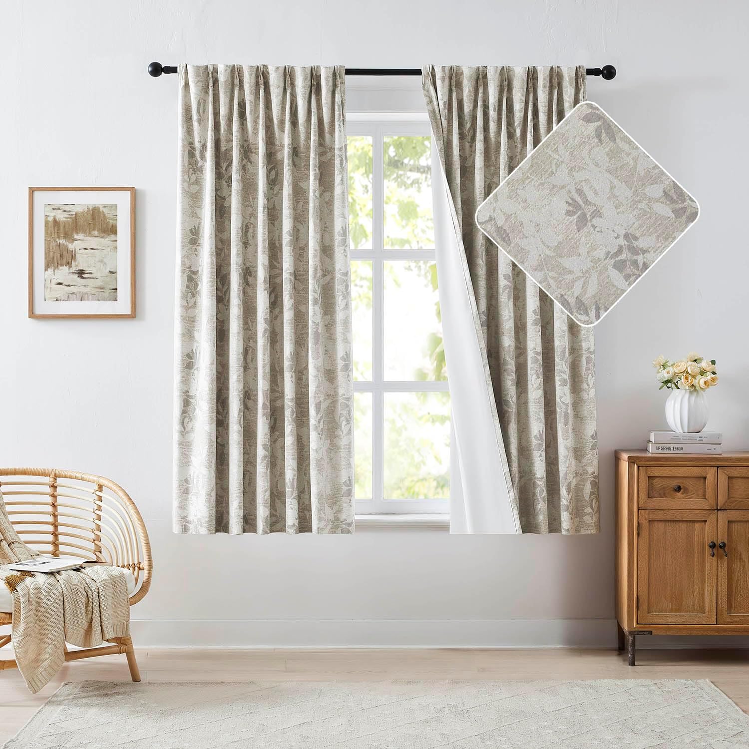 Randll Pinch Pleat 90% Blackout Curtain Floral Jacquard Thermal Insulated Drape for Living Room Bedroom 63 Inch Long Brown Leaf Printed Botanical Pattern Back Tab Window Treatment Set,40"x63",2 Panels