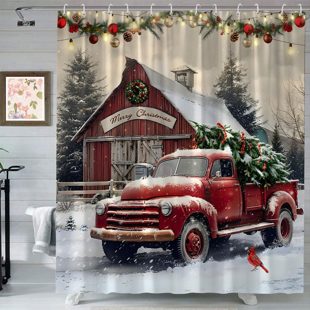 Christmas Truck Shower Curtain Winter Country Farmhouse Vintage Truck Xmas Tree Red Barn Retro Rustic Snow Scene New Year Holiday Polyester Fabric Bathroom Curtain with Hooks