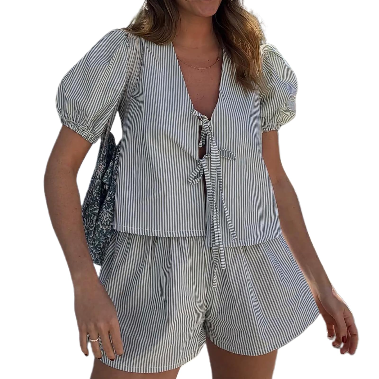 FeMereina Women's Summer Plaid Outfits Ruffled Short Sleeve Tie-Up Front Peplum Tops with Elastic Waist Shorts Pajamas Pjs Sets Y2K Streetwear (Black#1, M)