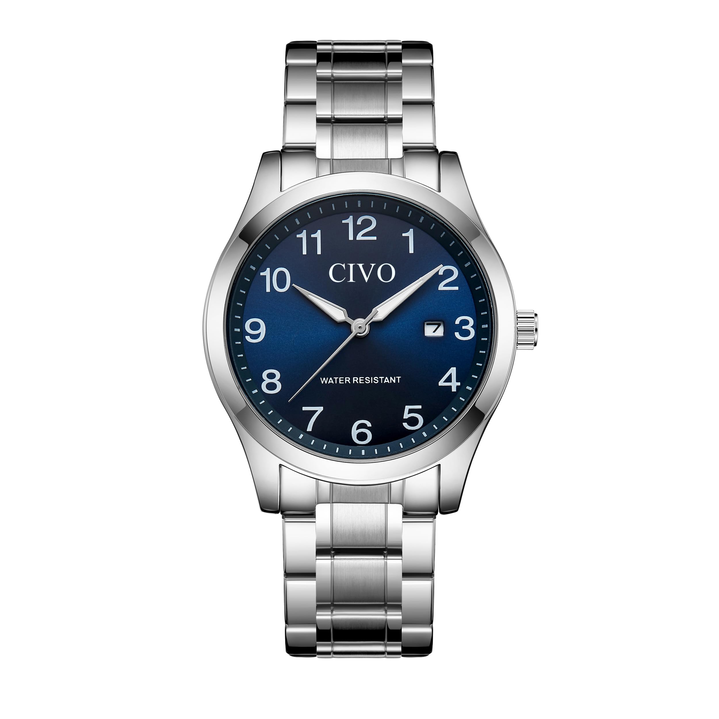 Easy Read Watches for Men: Waterproof Watch with Clear Blue Dial Silver Stainless Steel - Analog Quartz Watch Luminous Hands Date for Office Workers Seniors Poor Eyesight - Gifts for Him