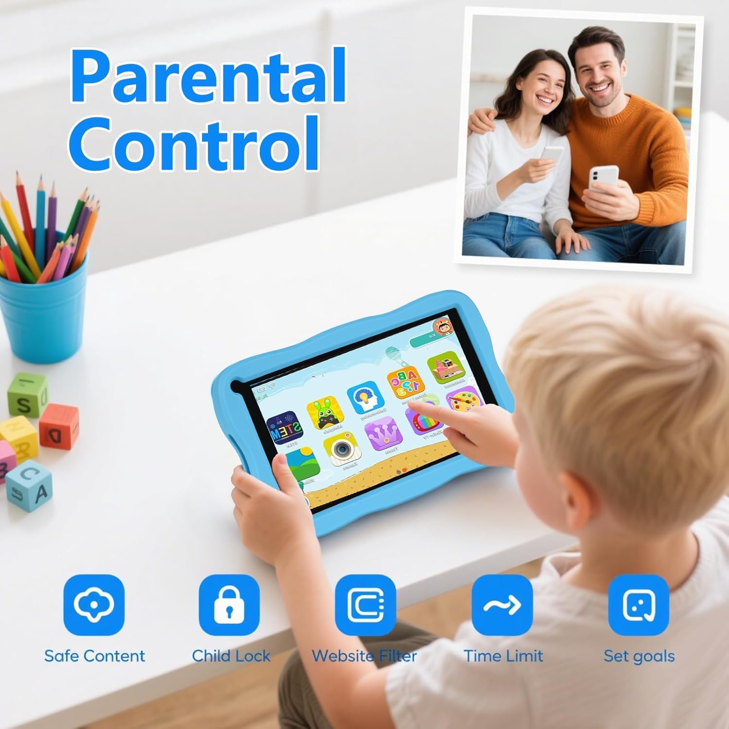 SUMTAB Tablet Bambini 7 Pollici con Controllo Parentale, Android 13 Tablette, 8 GB RAM 64GB ROM (256 GB Estensione) Bluetooth, WiFi,Tablet per Bambini con Custodia(Blu)