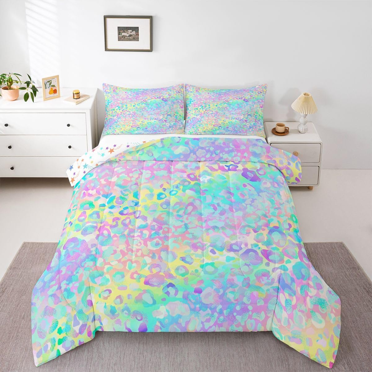 Women Leopard Printed Comforter Set , Cheetah Printed Bedding Set for Kids Girls Boys Queen Size , Modern Colorful Leopard Rainbow Bedroom Room Decor Lightweight Soft Bedding Quilt with 2 Pillowcases