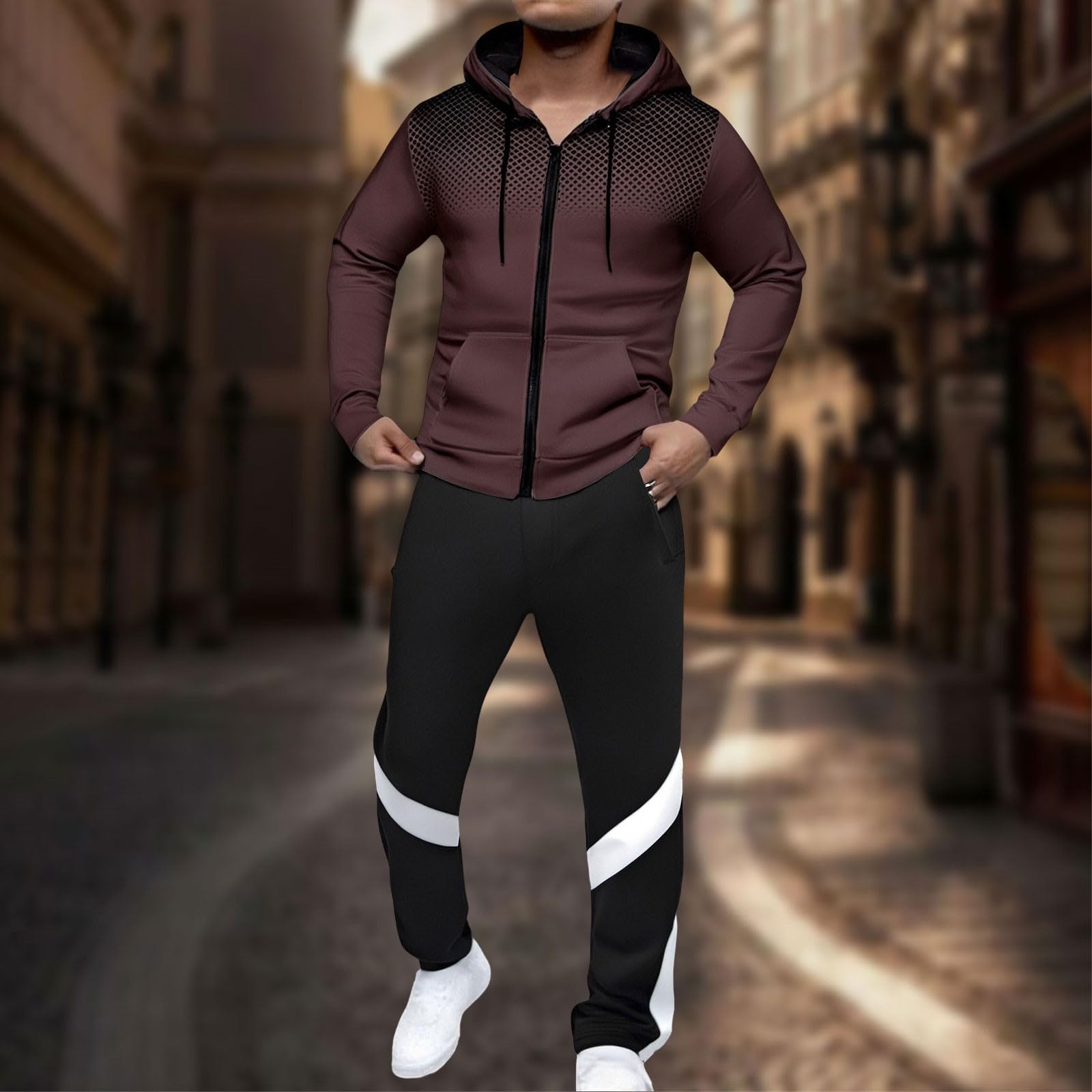 Tuta sportiva da uomo, 2 pezzi, tuta sportiva da jogging, con chiusura lampo, con cappuccio e pantaloni da uomo, traspirante, abbigliamento sportivo per uomo