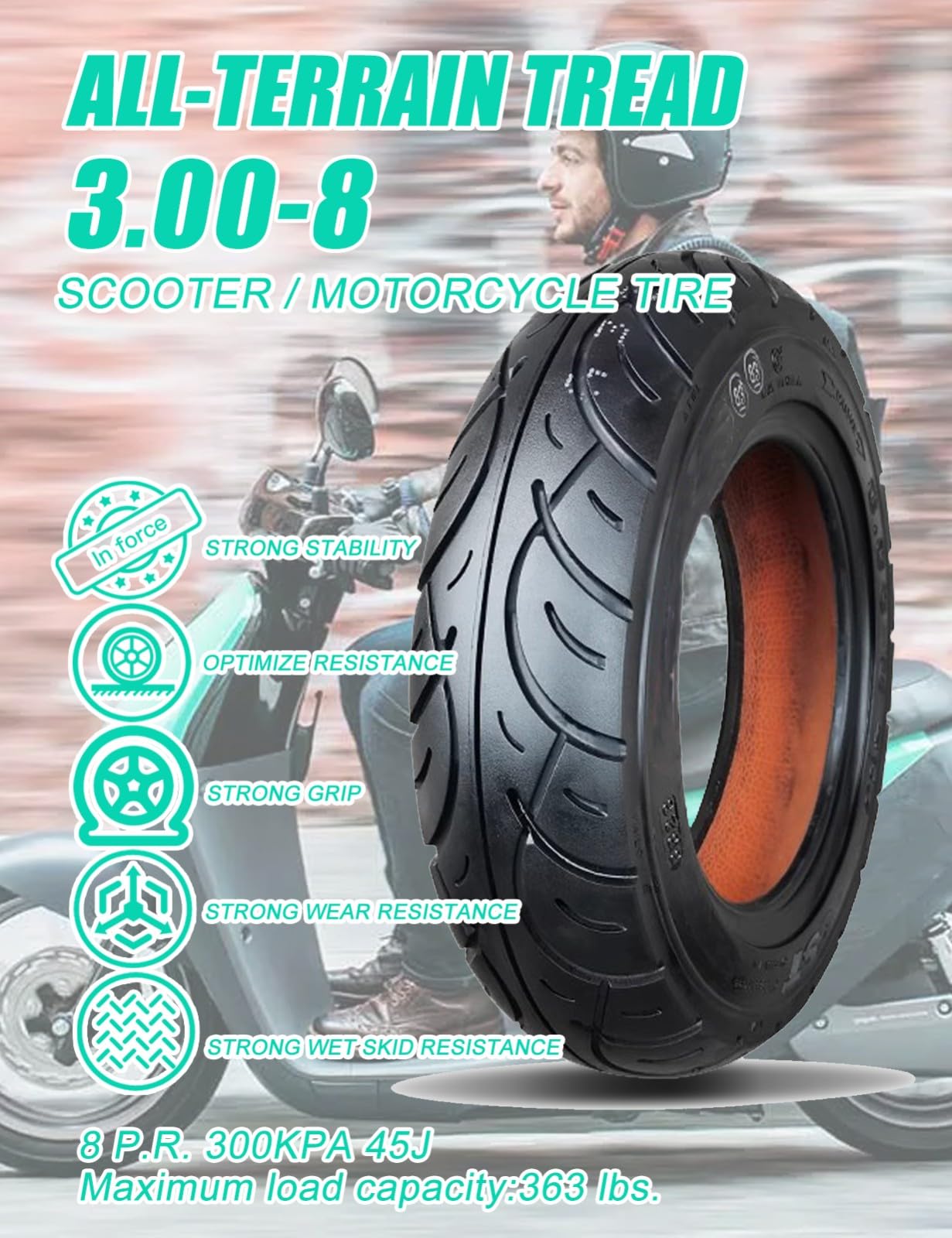 Neumático sin cámara 3.00-8 para scooter, neumático todoterreno 3.00x8 para motocross, compatible con llantas de 8 pulgadas, neumático 3.00-8, 8 P.R. 45J, 300 KPA
