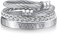 WFYOU 3PCS Men's Stainless Steel Bracelets Gold Roman Numeral Bangle Twisted Cable Adjustable Cuff Luxury Jewelry Set