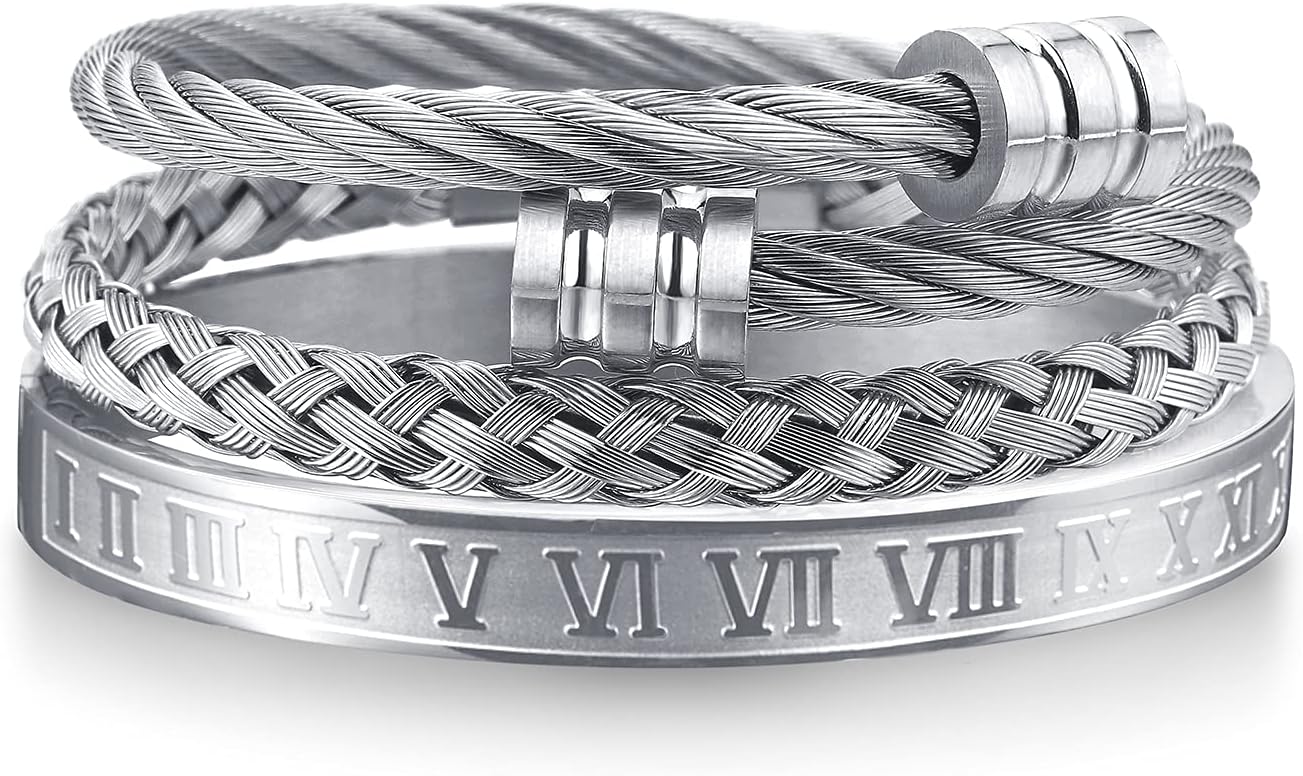3PCS Stainless Steel Bracelets for Men Gold Roman Numeral Bangle Bracelet Twisted Cable Bracelet Adjustable Cuff Bracelet Mens Luxury Jewelry Bracelets Gifts