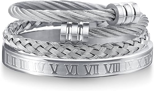 WFYOU 3 pulseras de acero inoxidable para hombres, pulseras de oro con números romanos, pulseras trenzadas, pulseras ajustables para hombre, joyería