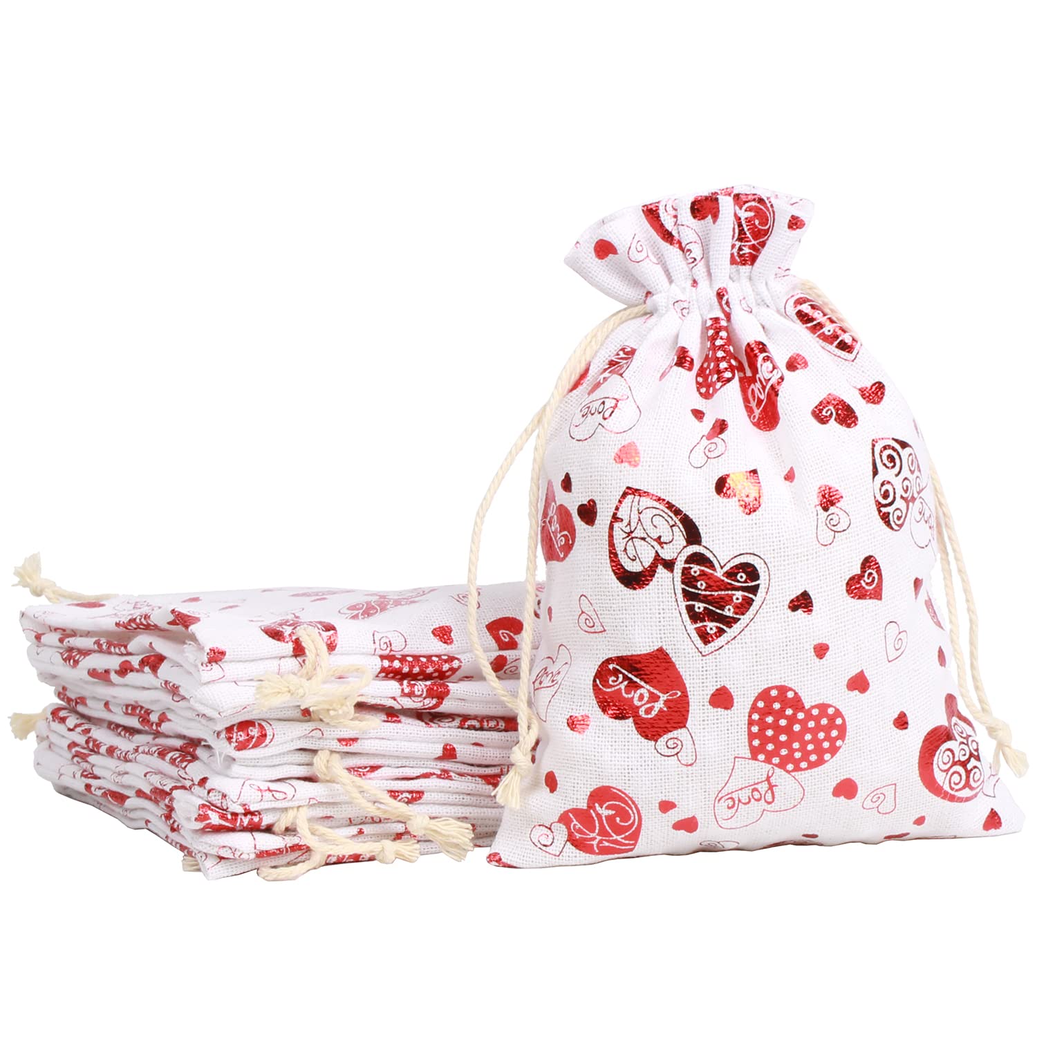 Bolsas de regalo de lona de algodón de arpillera, 20 paquetes de 5 x 7 pulgadas, bolsas de regalo de cáñamo de algodón con cordón de corazón, bolsa de almacenamiento de calcetines, bolsa de algodón