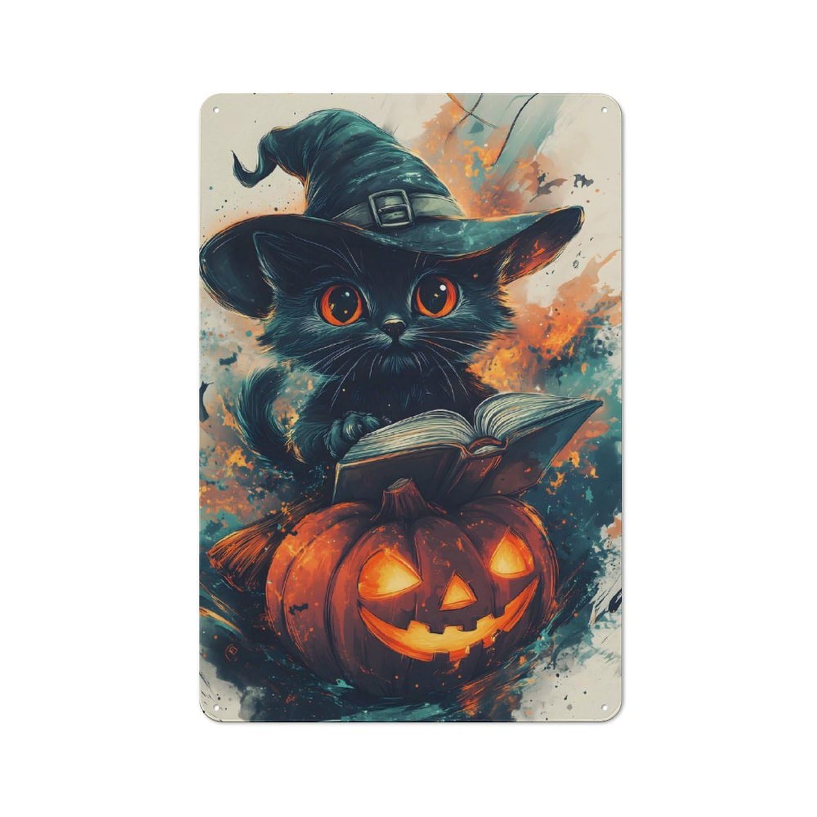 Old Style Halloween Witch Black Cat Vintage Metal Sign 30x20cm, Bar Wall Plaque for Pub, Home Bar, Shed Or Man Cave