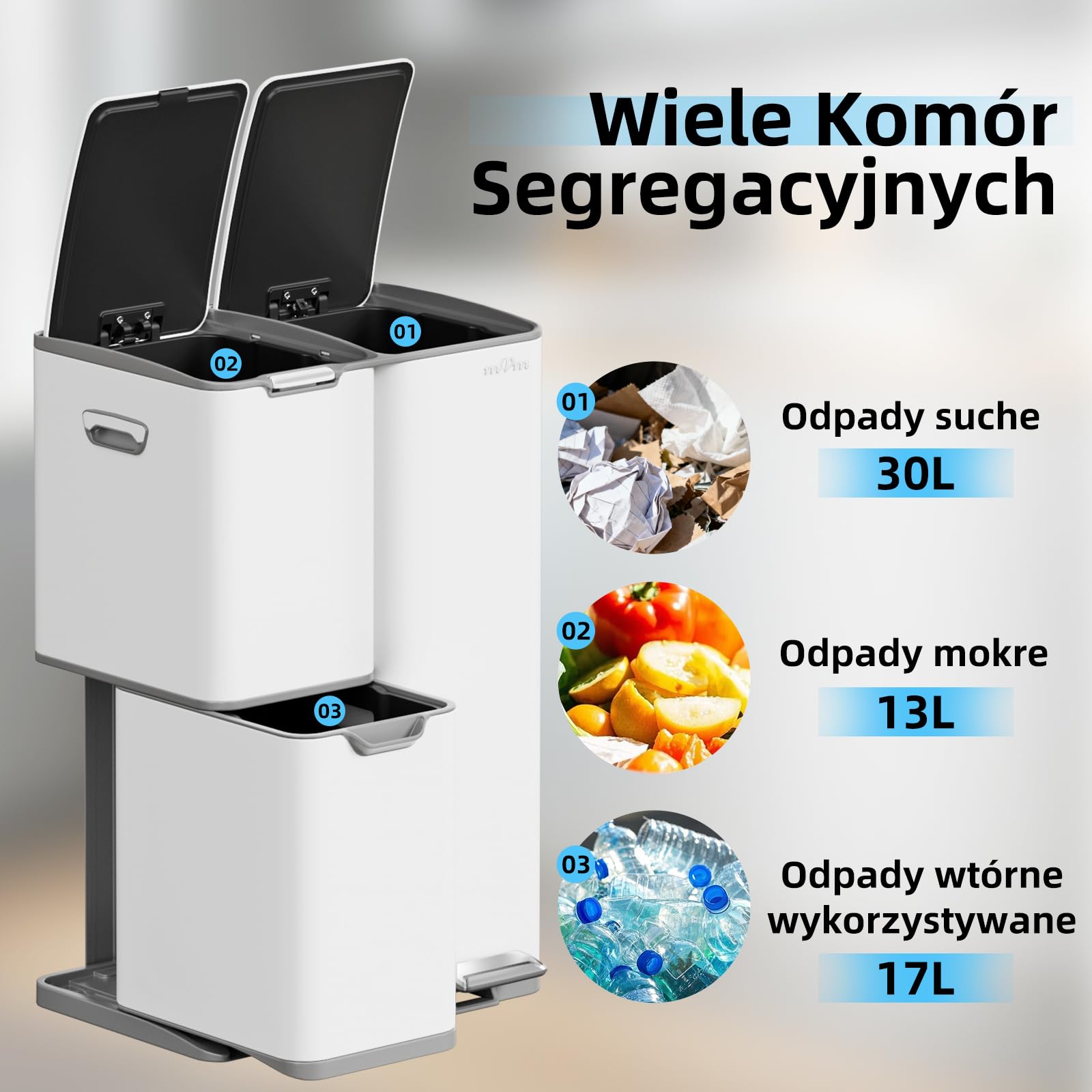 mVm Kosz na Śmieci do Segregacji Odpadów 60L 3 Komory, Stal Nierdzewna, Duża Pojemność, Kosz Kuchenny z Pokrywą Soft Close, Nowoczesny Pojemnik do Recyklingu