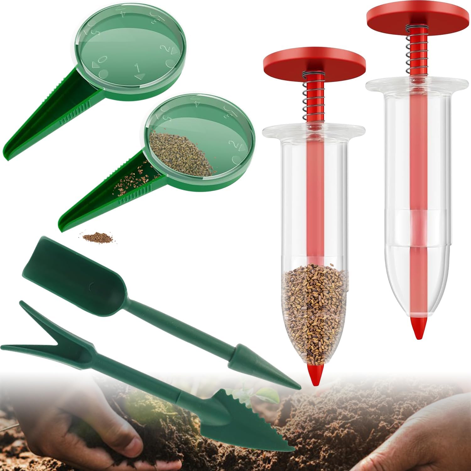 6 PCS Mini Seed Spreader, Sowing Seed Dispenser with 5 Speeds, Sowing Helper, Small Seed Planter Tool, Manual Seedlings Dibber and Widger Set, Seed Sower Spreader Handheld for Tiny Seeds (Red)