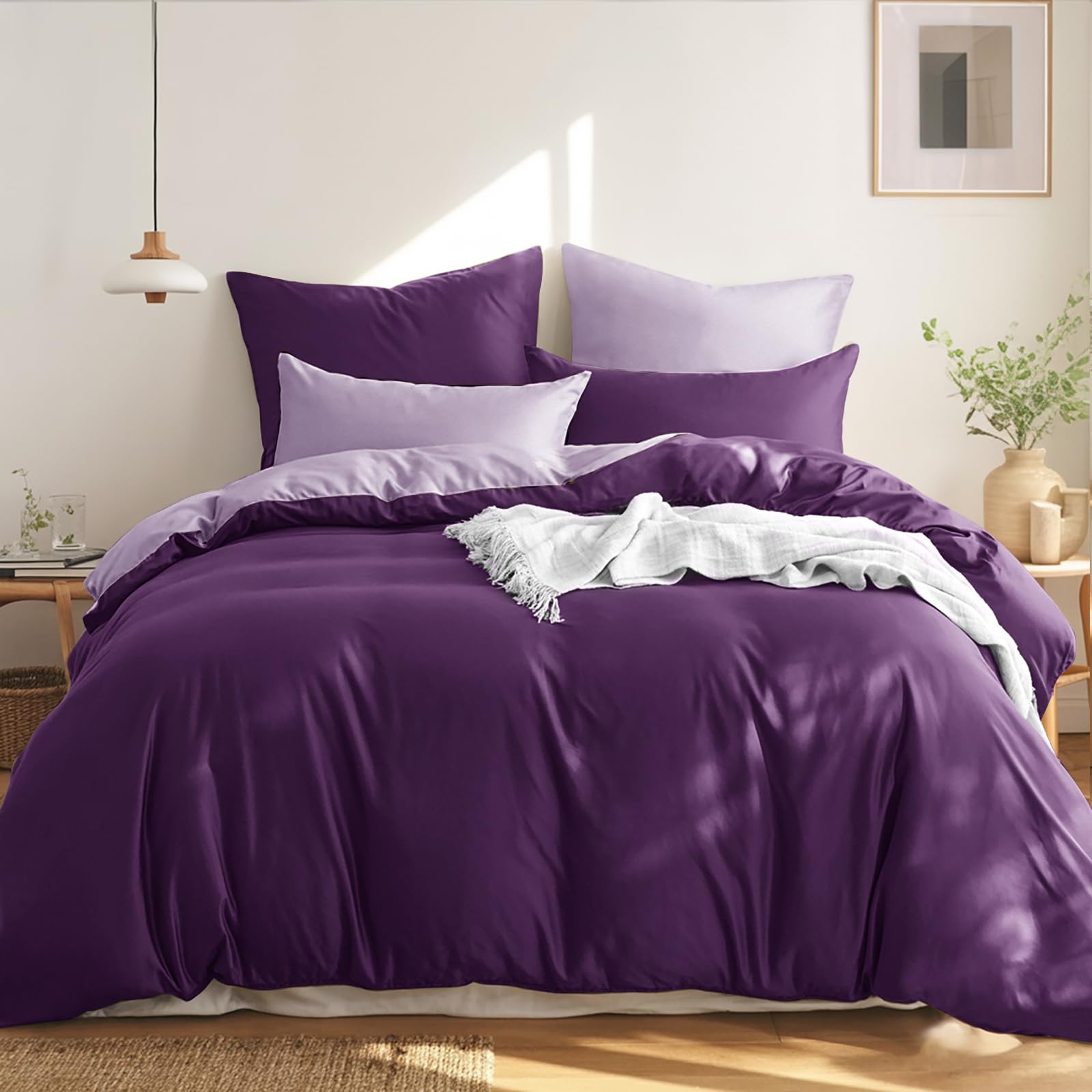 RUIKASI Bettwäsche 200x200 Baumwolle Lila - Bettwäsche-Sets 200x200cm 3teilig Wendebettwäsche 3tlg mit Reißverschluss, zweifarbige Bettbezug Set Dunkelviolett und Lavendel Cotton