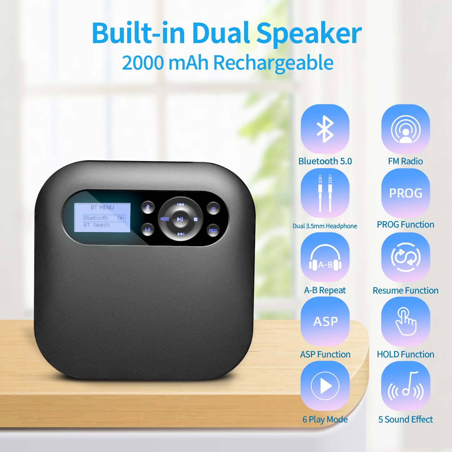 DESOBRY Reproductor de CD portátil con Bluetooth y Altavoces, Discman CD portatil Recargable para automóvil con FM, Anti-Skip, Reproductor CD con Tomas de Auriculares duale