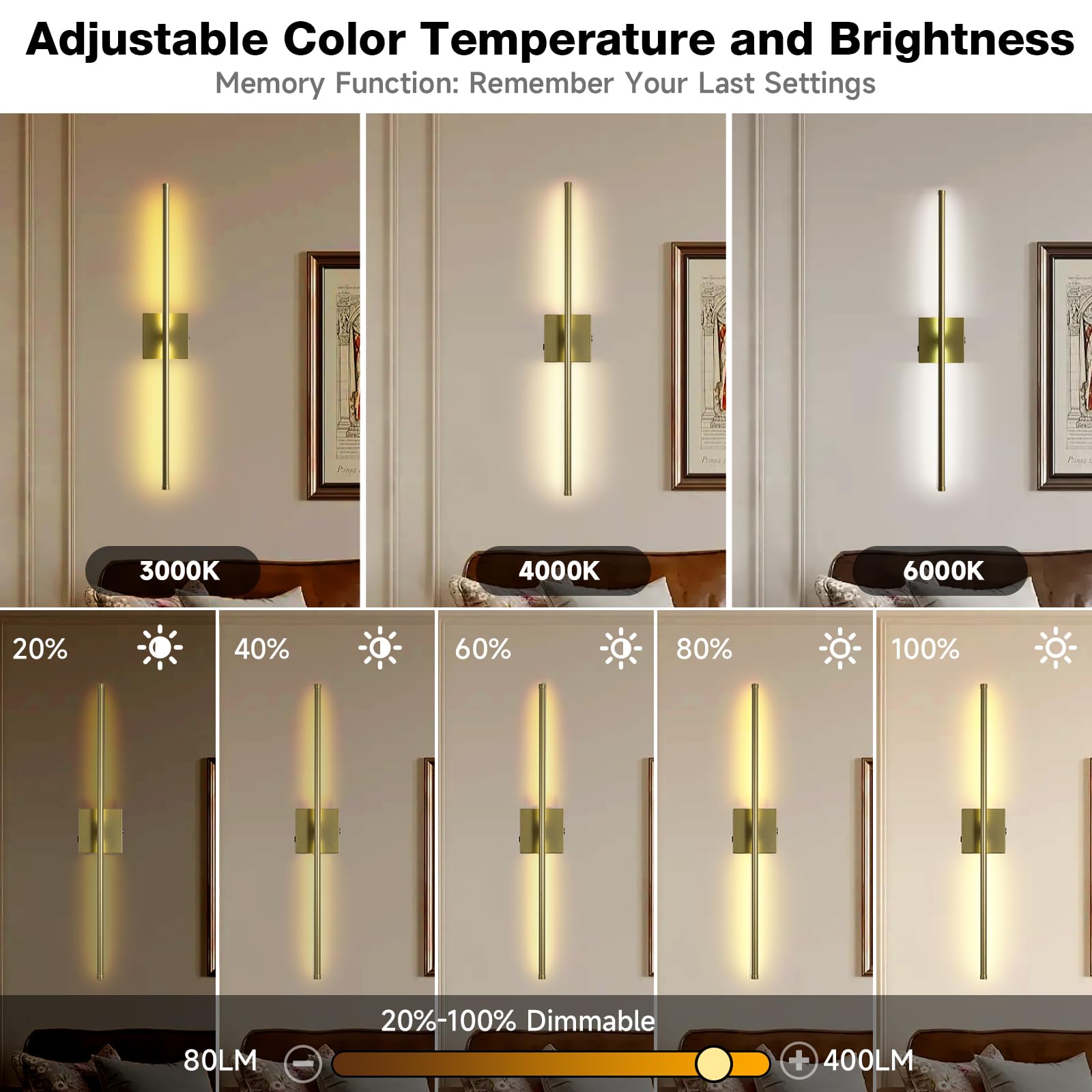 TPSHPTS Battery Operated Wall Sconces Set of 2, LED Rechargeable Wall Lights with Remote Control, 3 Colors Dimmable, 350° Rotate, Gold Wireless Wall Lamp for Living Room, Bedroom, 28.3 Inch